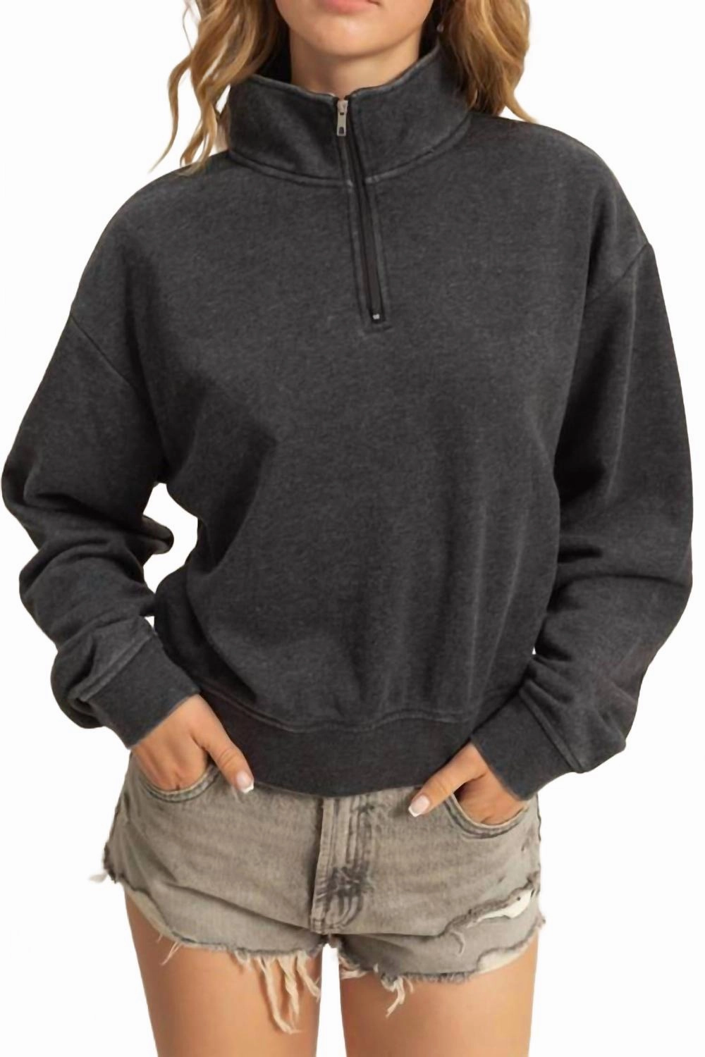 Subtle Texture Detail Brushed Terry Zip Up Top In Black