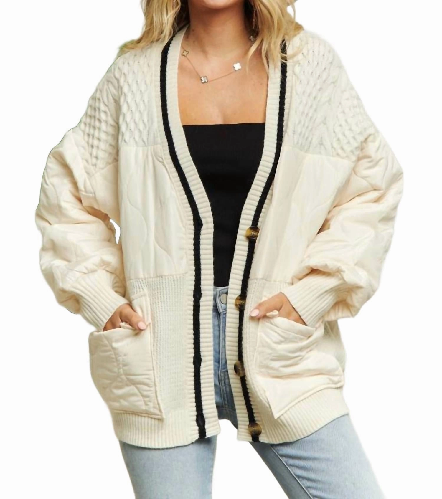 Casual Comfort Street Style Button Down Quilted Sweater Cardigan In Off White