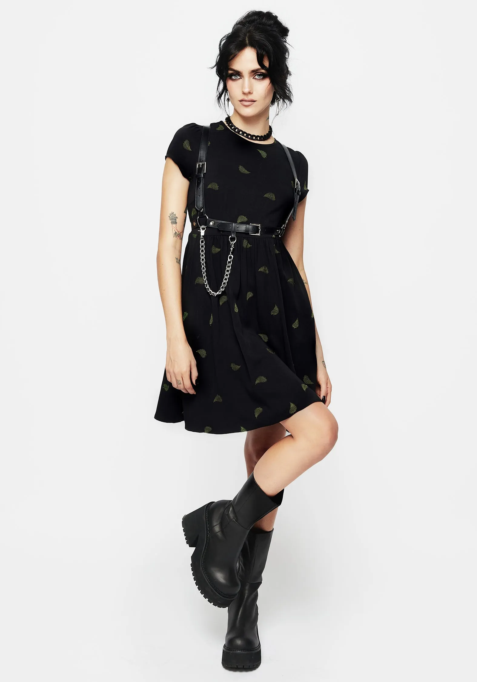 Stylish Choice Osmunda Fern Embroidered Mini Skater Dress