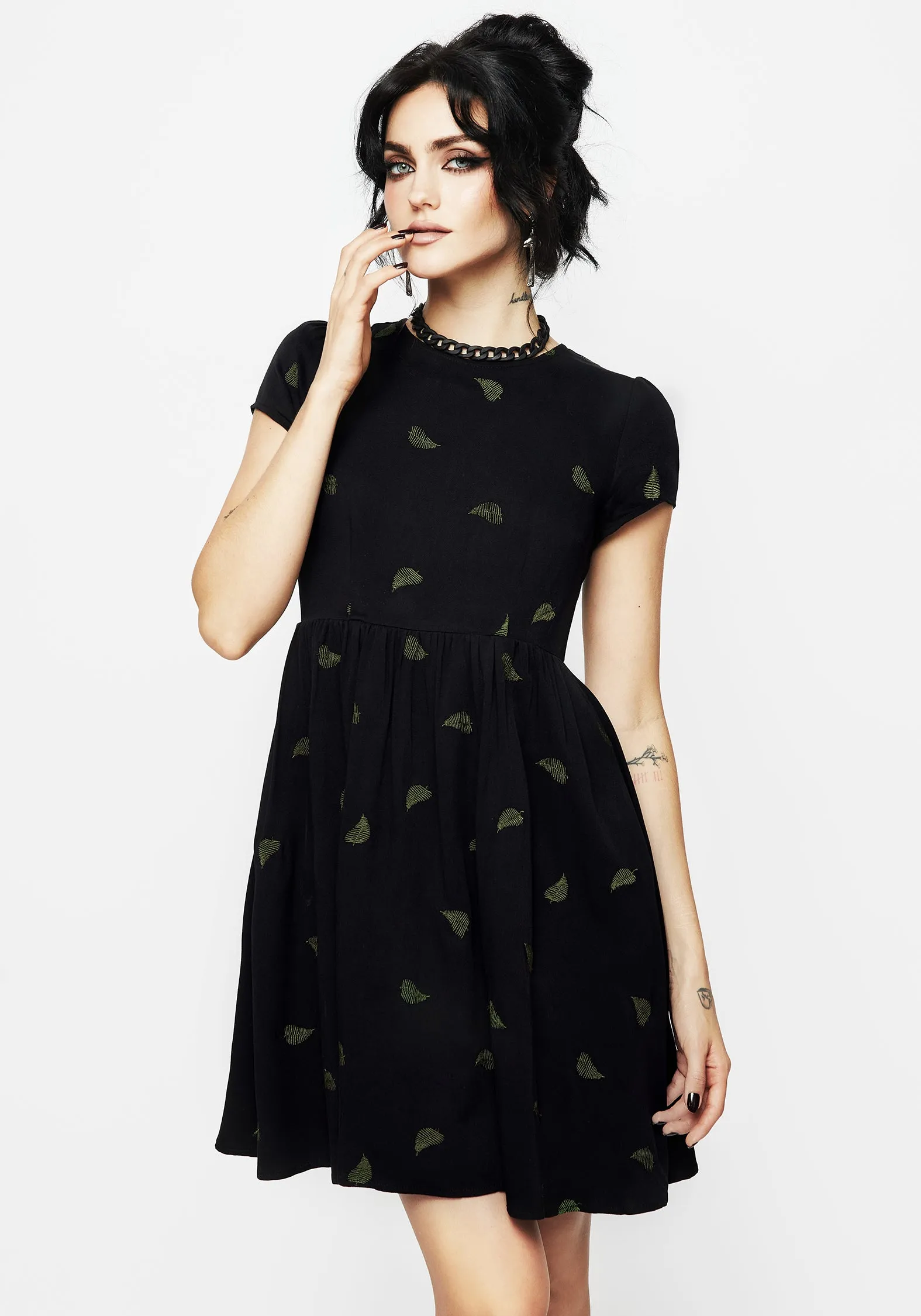 Elegant Touch Osmunda Fern Embroidered Mini Skater Dress
