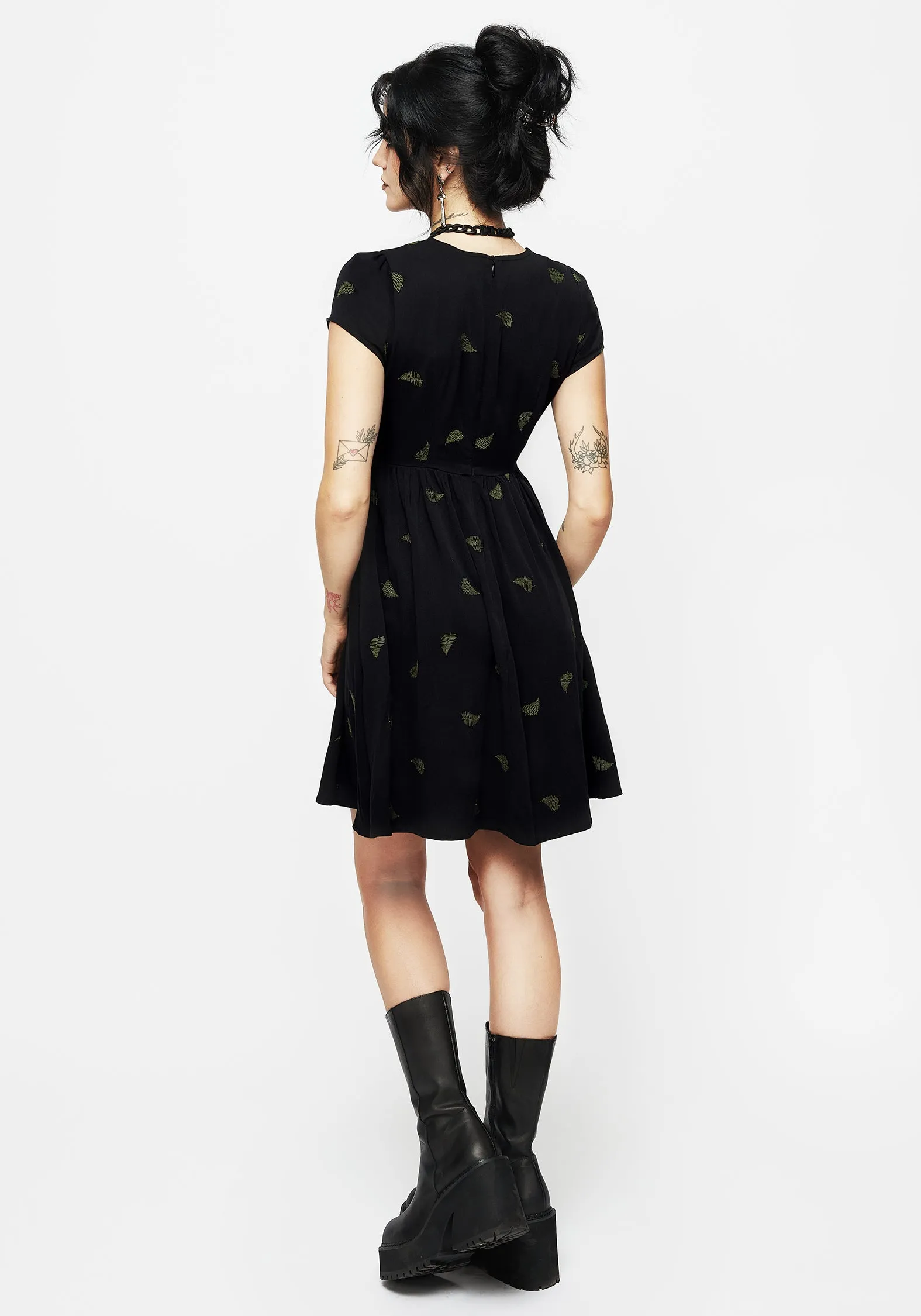 Osmunda Fern Embroidered Mini Skater Dress Ruched-Detail Versatile Comfort