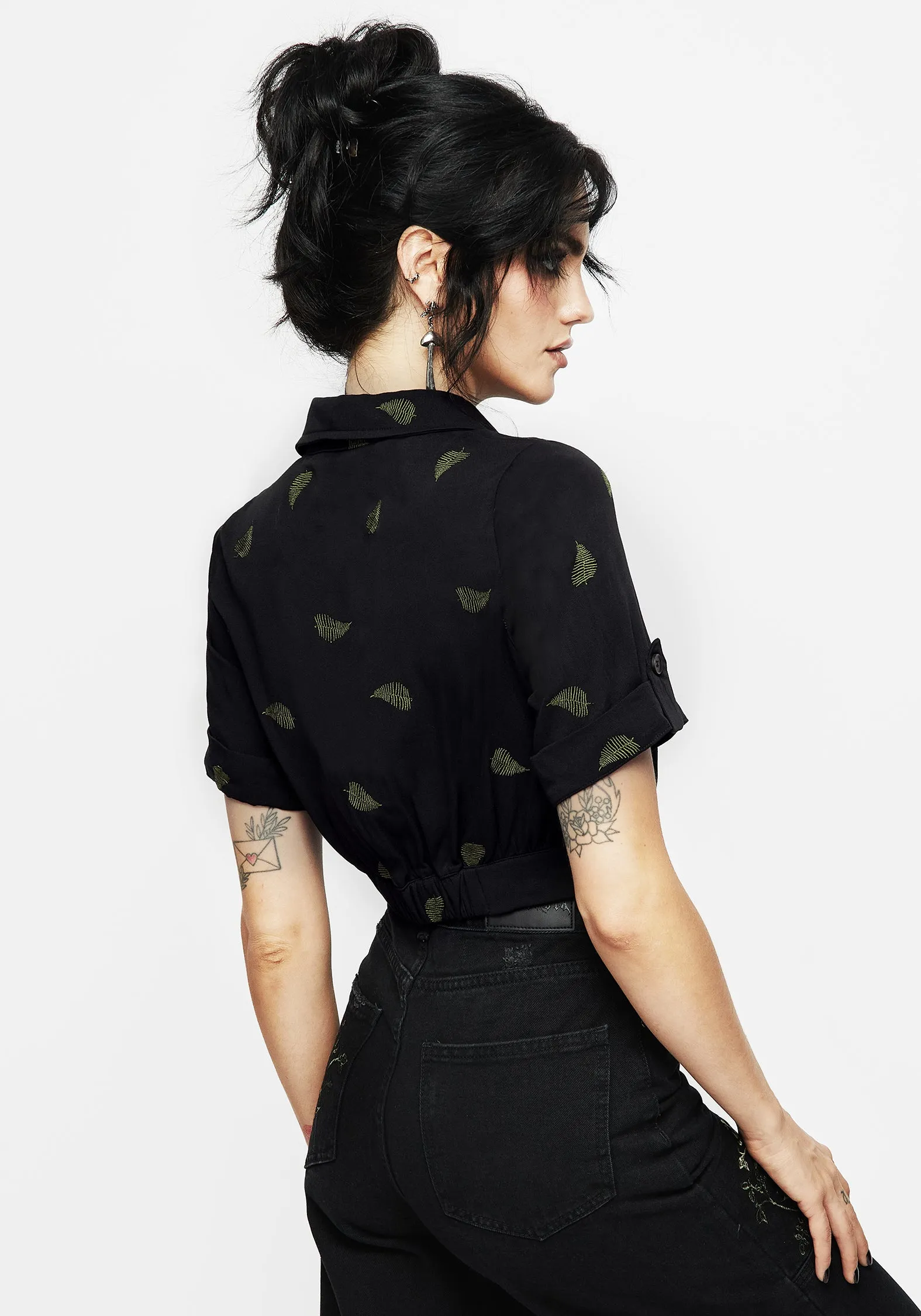 Wedding guest Low Maintenance Osmunda Fern Embroidered Short Sleeve Crop Shirt