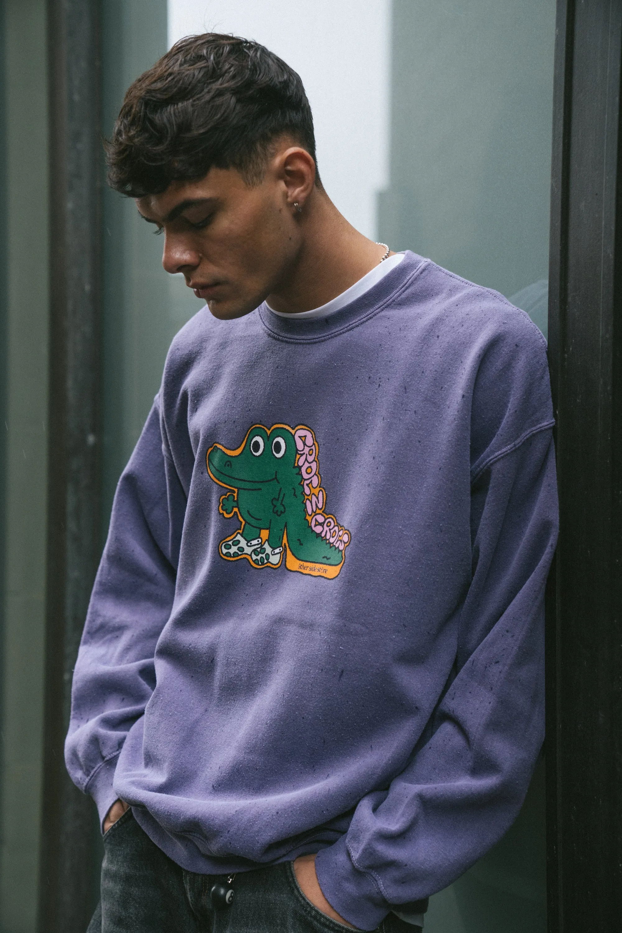Other Side Store 'Croc In Crocs' Sweater - Vintage Washed Violet Chilly Layer Look Stretch Knit Technology