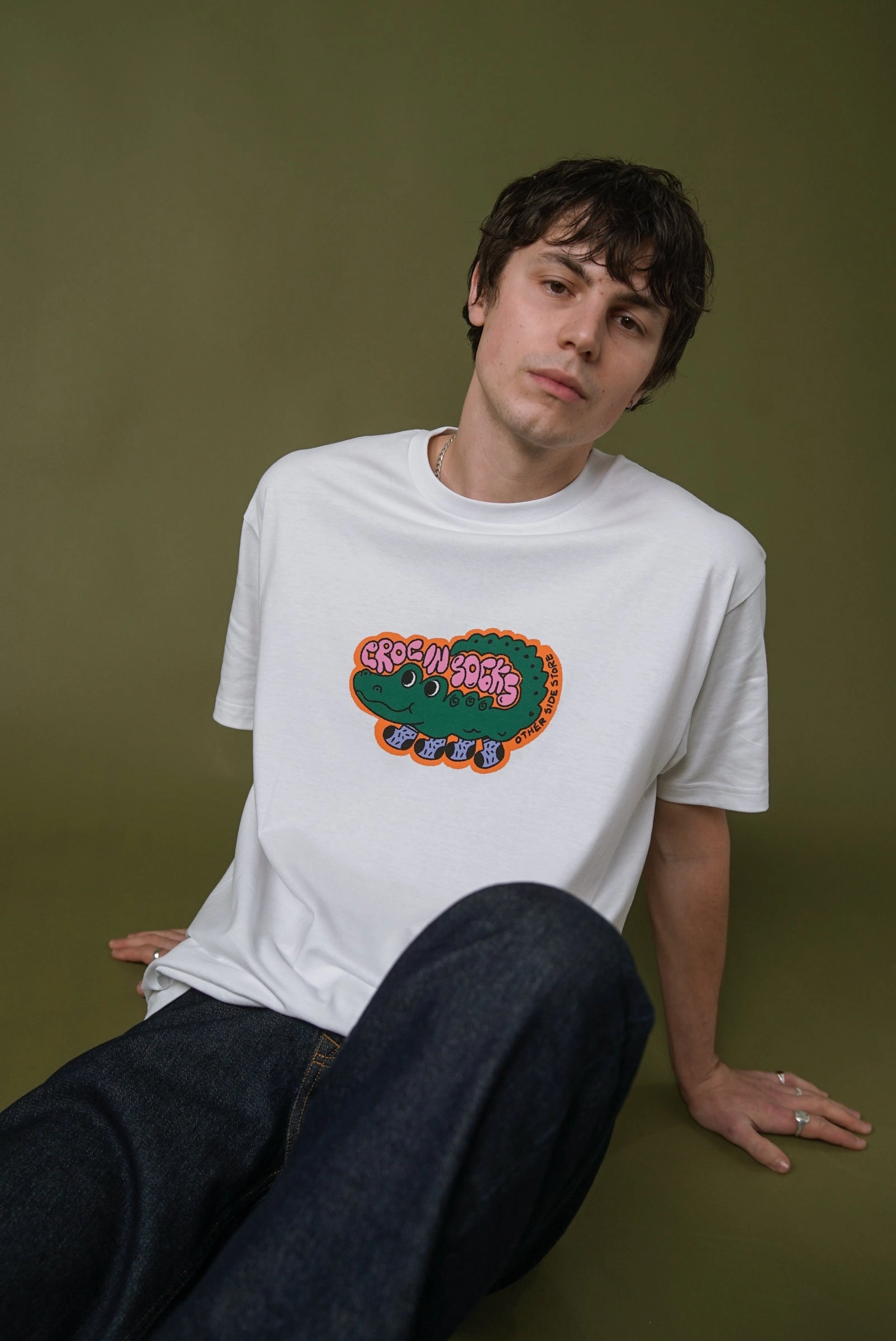 Other Side Store 'Croc In Socks' Tee - White Light and Fresh