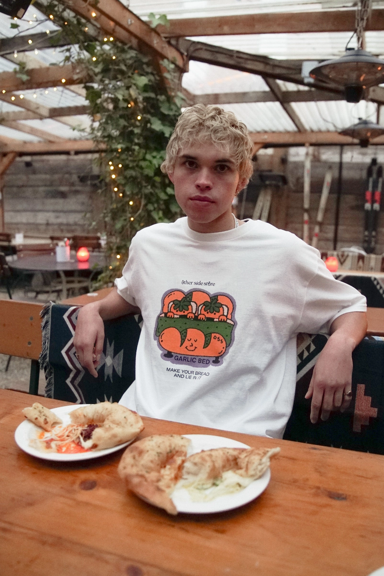 Double Stitched Seams Other Side Store 'Garlic Bed' Tee - White