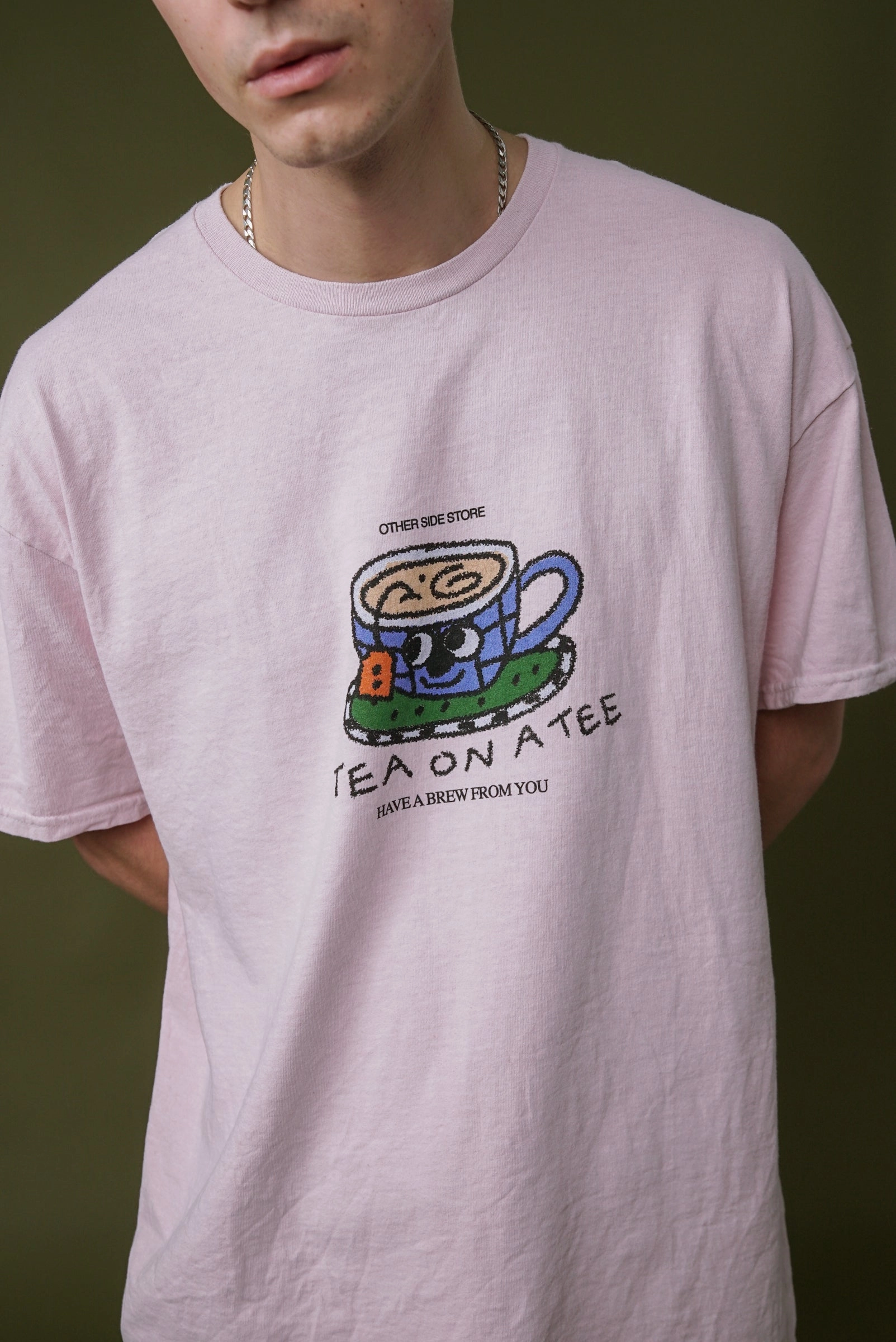 Other Side Store 'Tea on a Tee' Vintage Washed Tee - Light Pink spandex blend Flexible Neckband