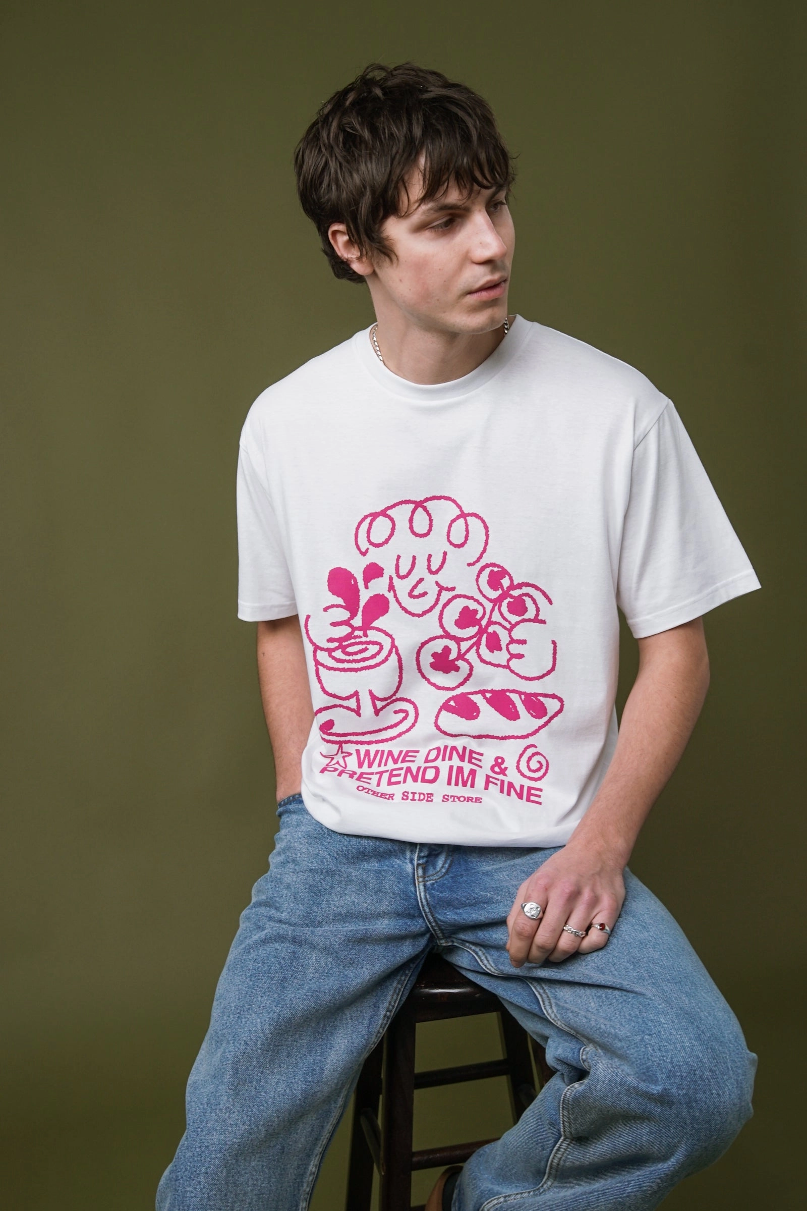 Casual Fit Other Side Store 'Wine, Dine & Pretend' Tee - White