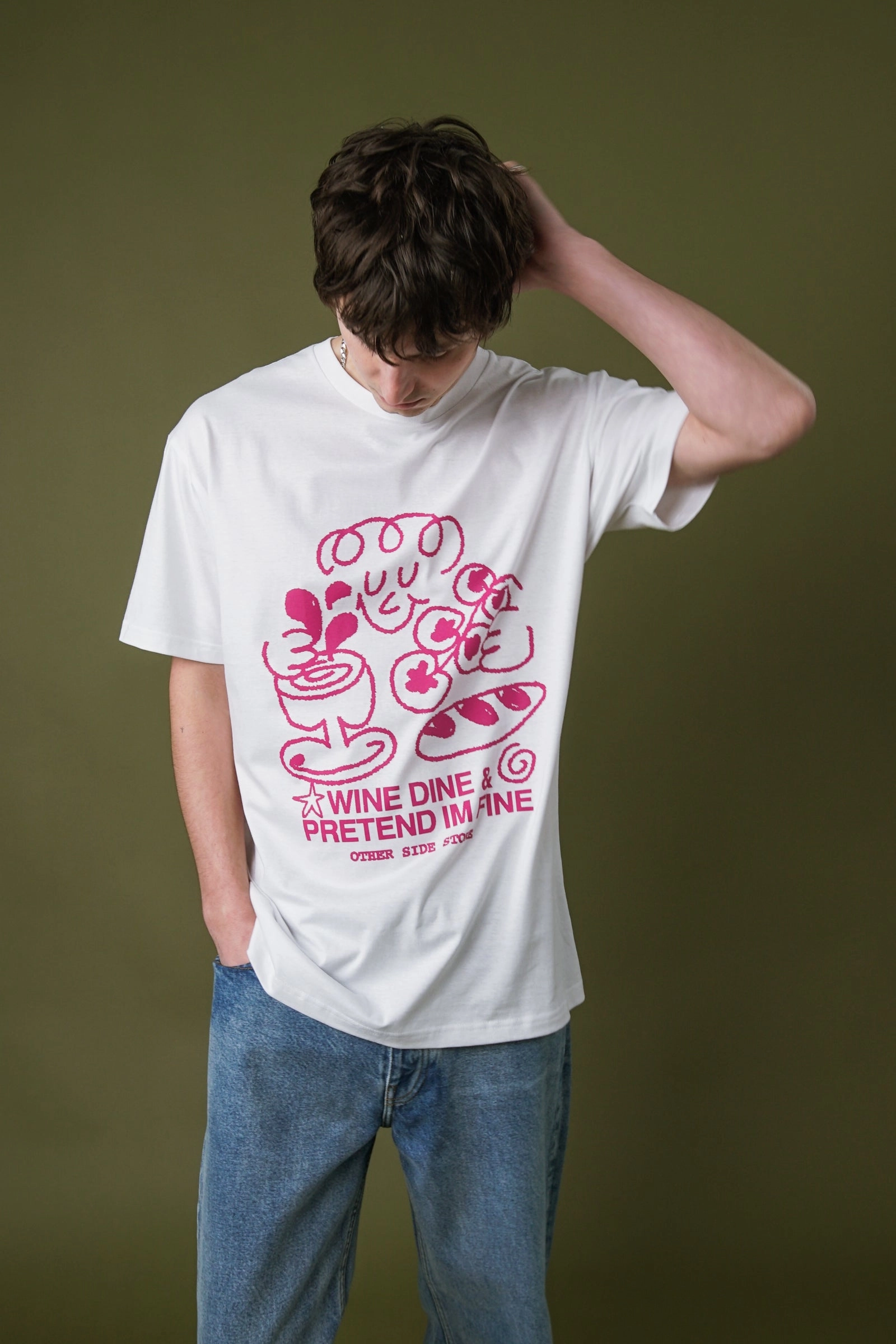 Other Side Store 'Wine, Dine & Pretend' Tee - White Breathable Essentials