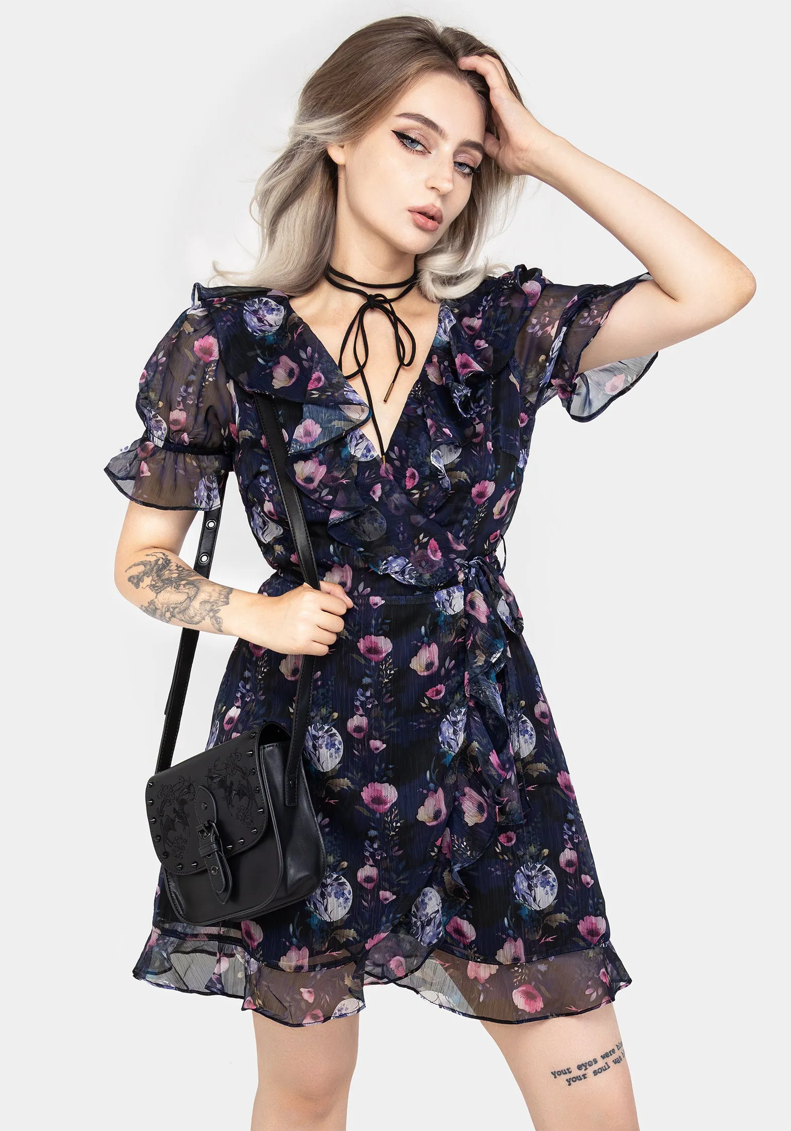 Socordia Floral Moon Chiffon Frill Wrap Mini Dress flowy style