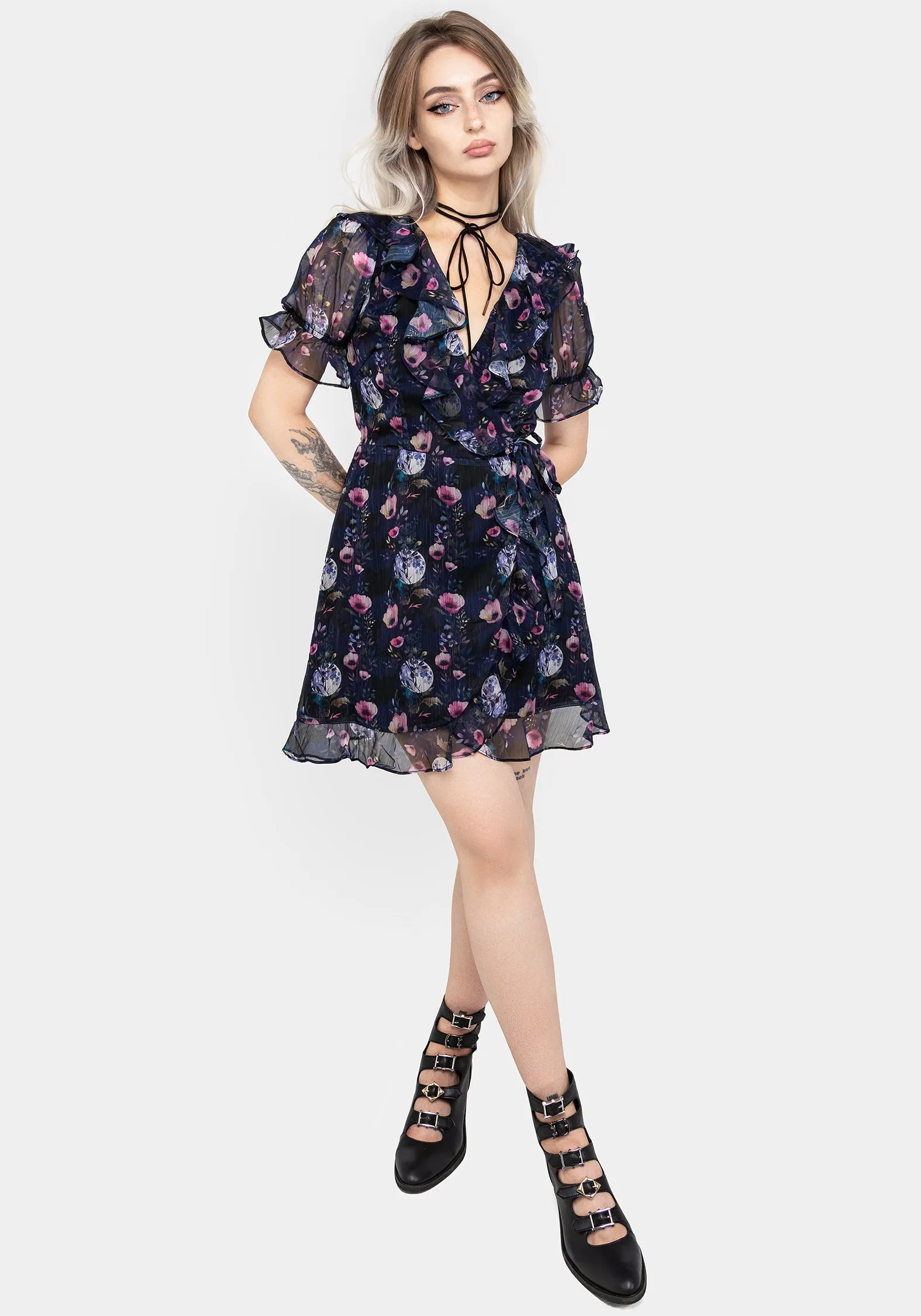 Bride Side Pure Motion Socordia Floral Moon Chiffon Frill Wrap Mini Dress