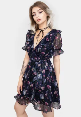 Socordia Floral Moon Chiffon Frill Wrap Mini Dress Texture Edge