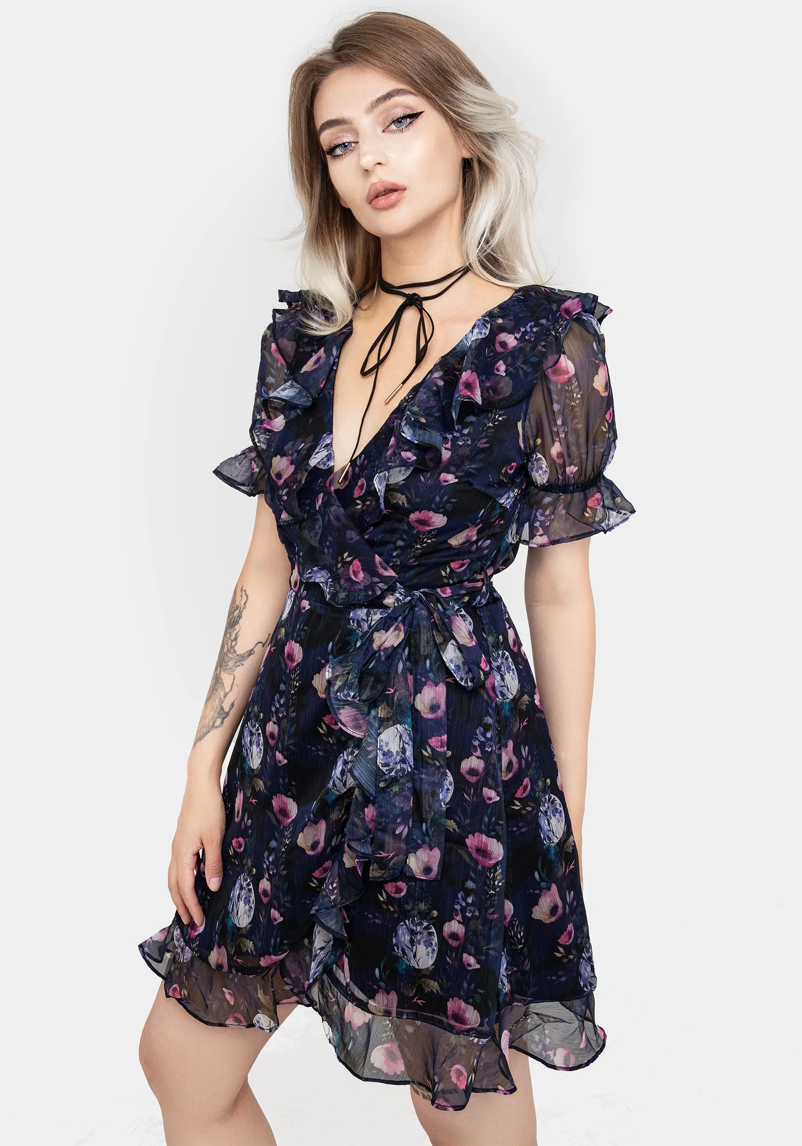 Socordia Floral Moon Chiffon Frill Wrap Mini Dress Texture Edge
