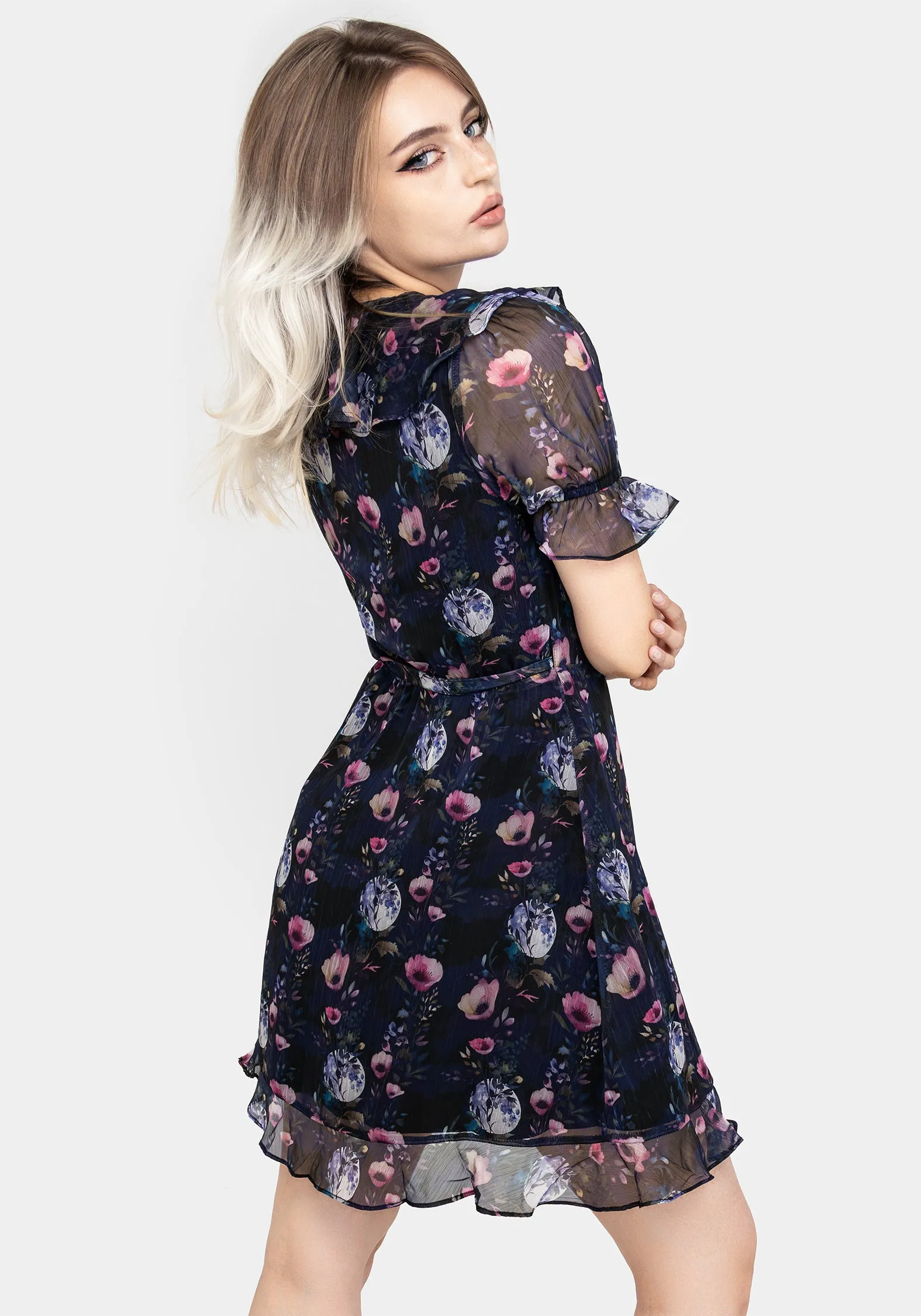 Texture Soft Timeless Energy Socordia Floral Moon Chiffon Frill Wrap Mini Dress