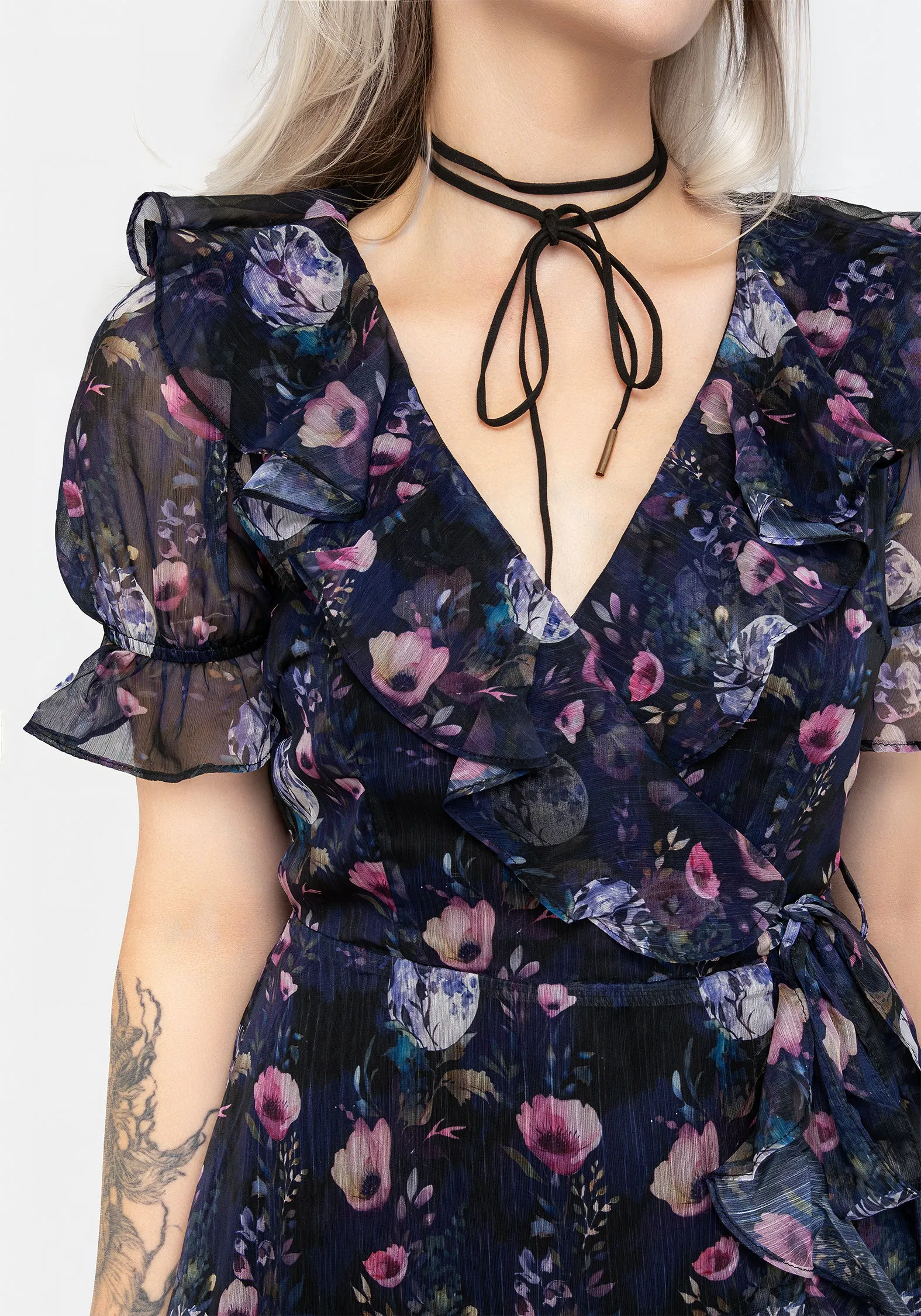 Walk Grace Socordia Floral Moon Chiffon Frill Wrap Mini Dress