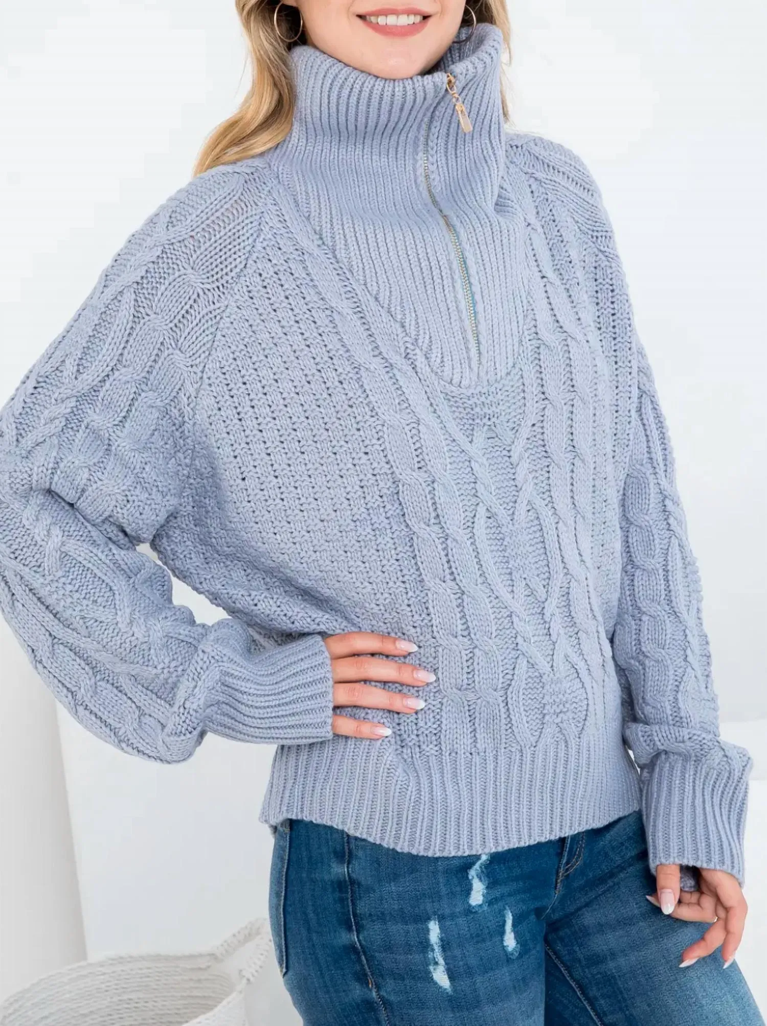 Oversized Cable-Knit Half-Zip Sweater In Slate Grey Comfort Stretch Relaxed Wearable