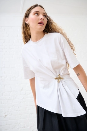 Layered Sleeve Oversized Tee with Flower Pin