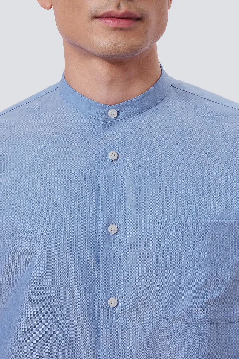 Reinforced Elasticity Oxford Mandarin Collar Casual Shirt | Blue 25592N