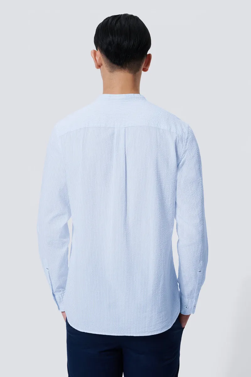 Flex Fit Collar Classic Color Seersucker Mandarin Collar Casual Shirt | Light Blue Stripes 1486NZ