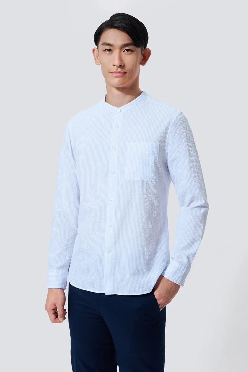 Seersucker Mandarin Collar Casual Shirt | Light Blue Stripes 1486NZ Striped Design Autumn Look