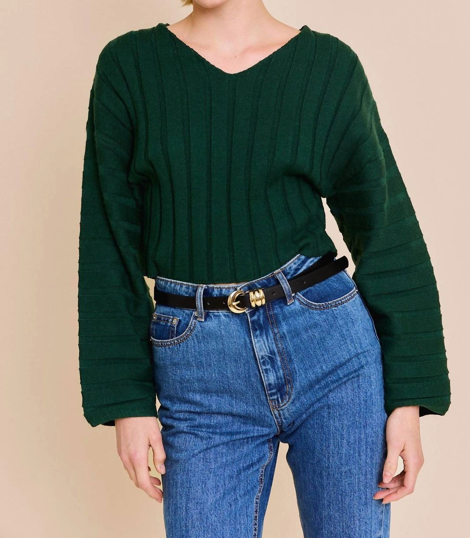 Pamela- Long Sleeve V-Neck Sweater In Hunter Green Cold Day Outfit