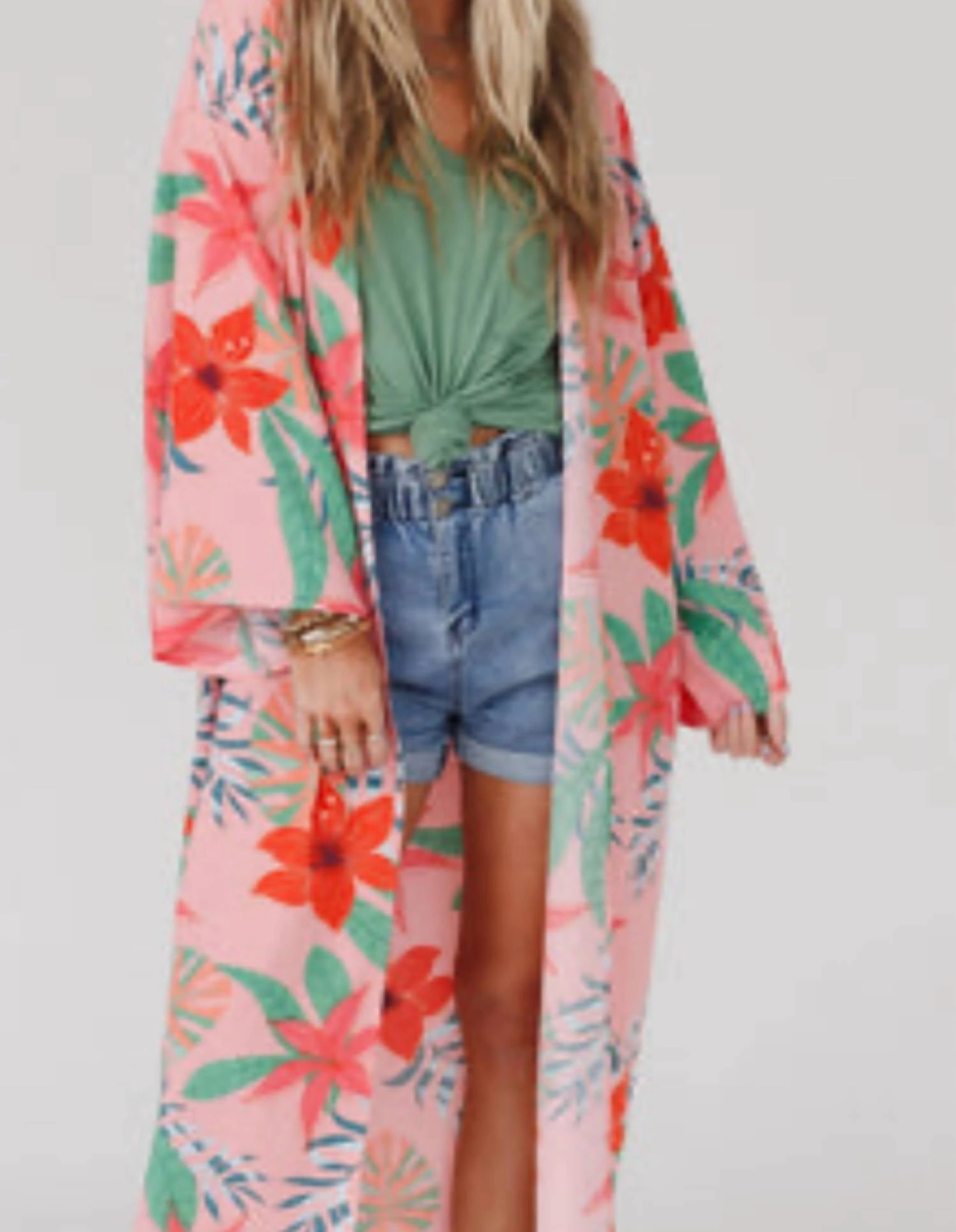 Chilly Layer Look Vintage Wash Finish Paradise Kimono In Pink