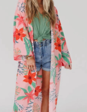 Chilly Layer Look Vintage Wash Finish Paradise Kimono In Pink