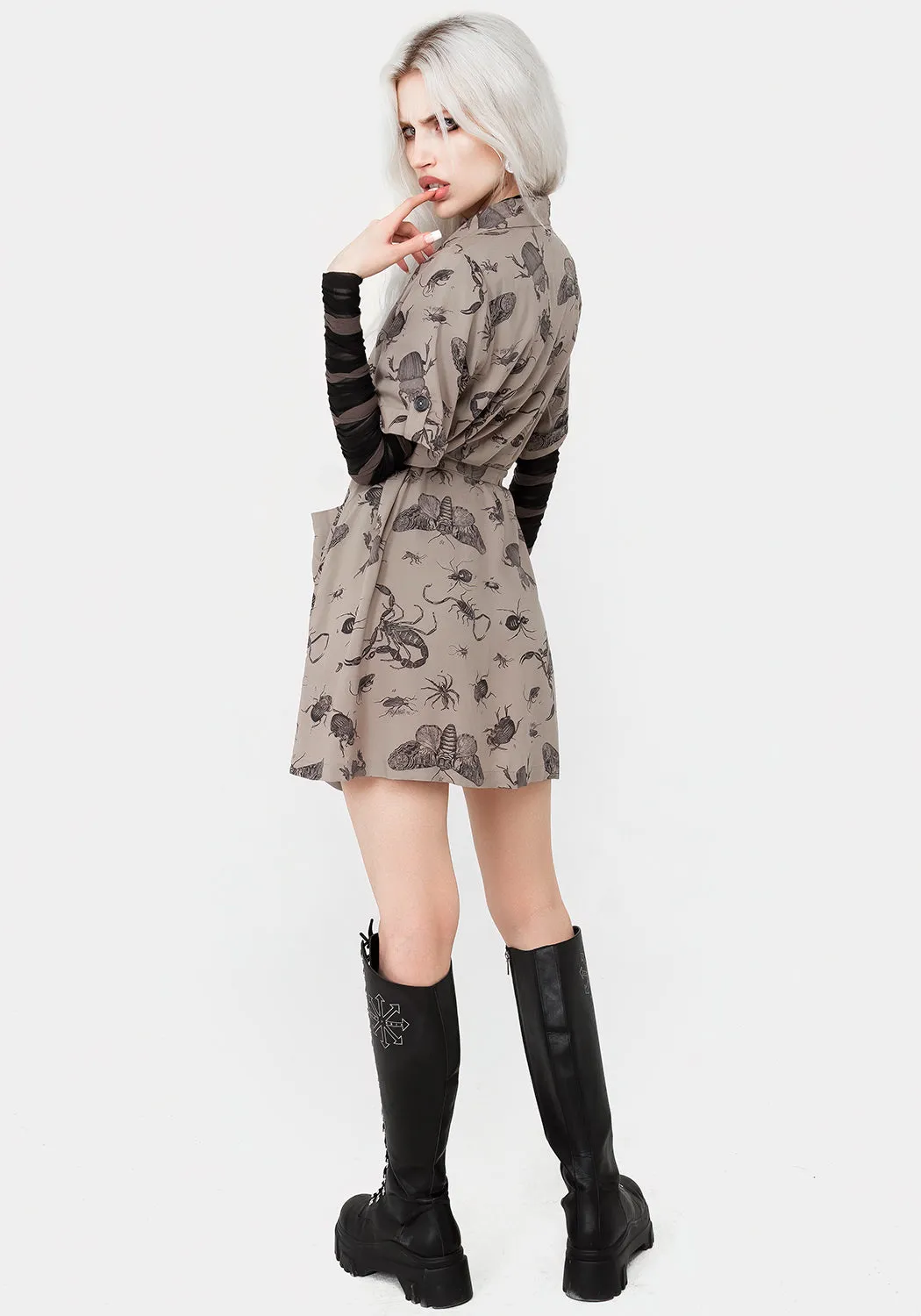 Perfect Proportion Basic Fashion Parasite Bugs Print Mini Short Sleeve Shirt Dress - Taupe