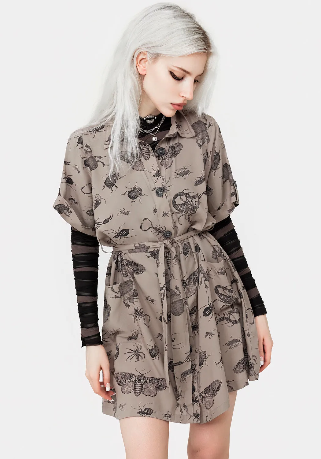 Parasite Bugs Print Mini Short Sleeve Shirt Dress - Taupe ReinforcedHem