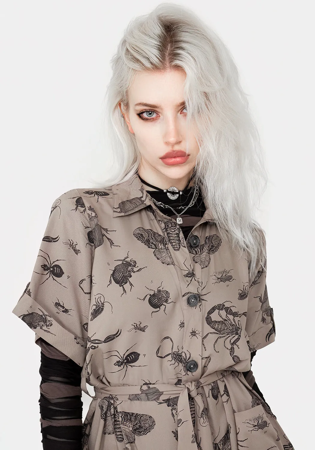 Soft Lines Bishop-Sleeve Parasite Bugs Print Mini Short Sleeve Shirt Dress - Taupe