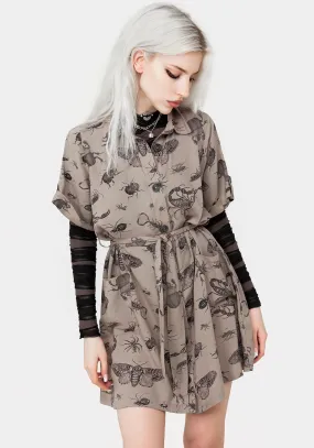 Parasite Bugs Print Mini Short Sleeve Shirt Dress - Taupe ReinforcedHem