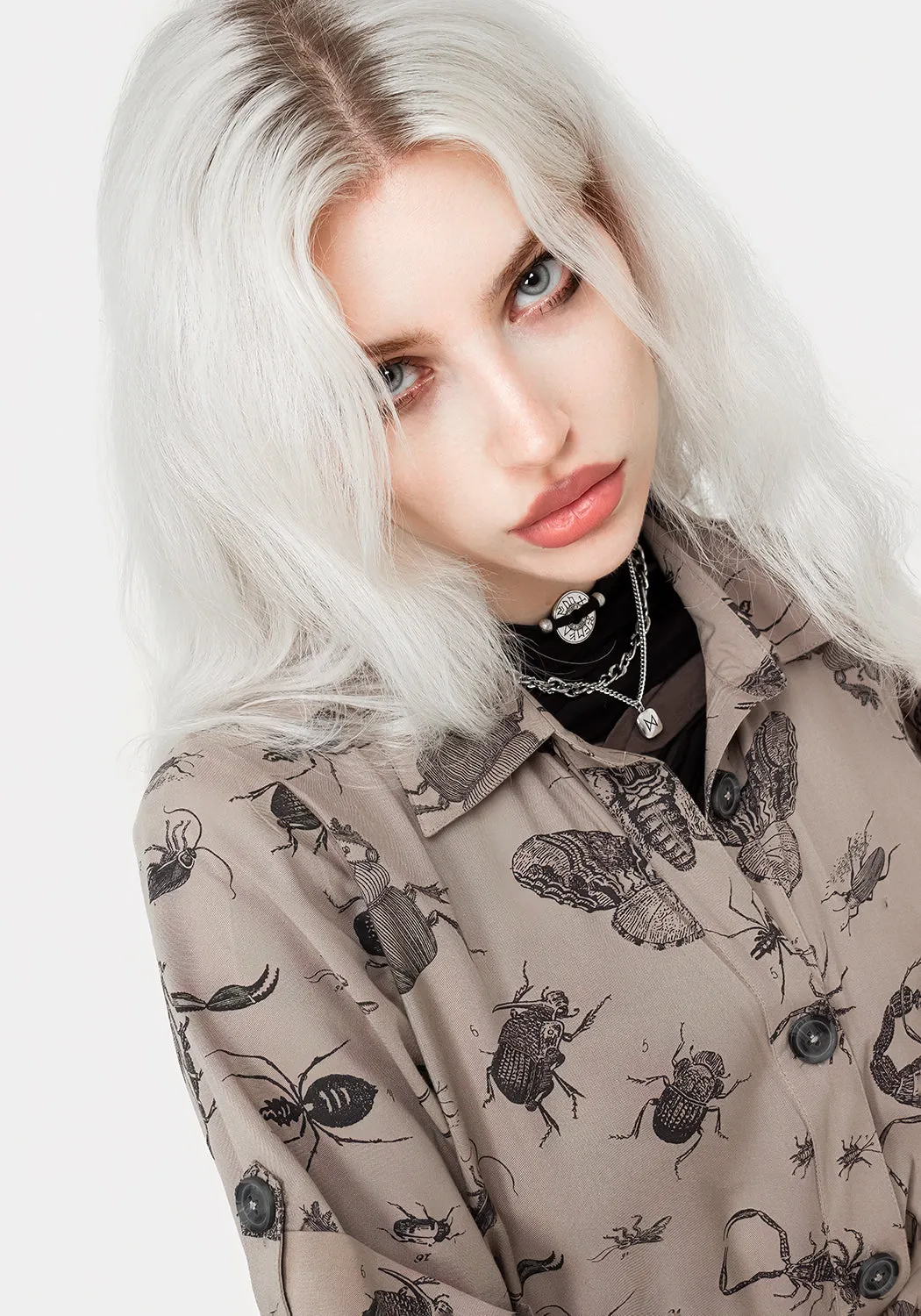 Parasite Bugs Print Mini Short Sleeve Shirt Dress - Taupe Work-Ready Look Texture Style