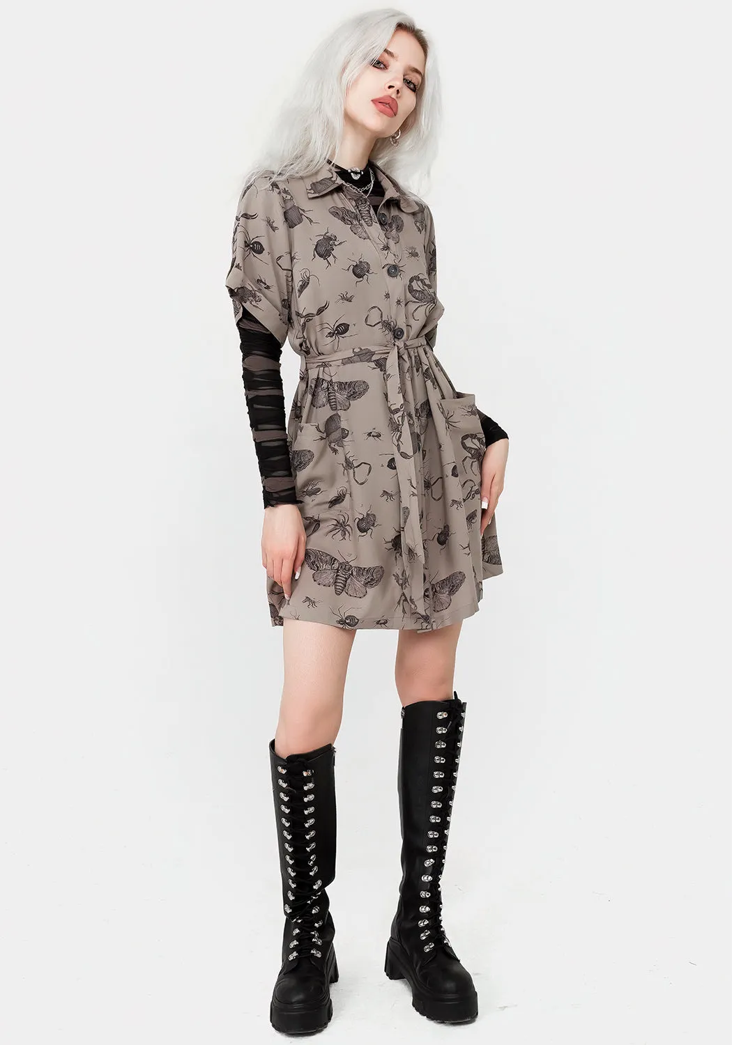 Pretty Glow Parasite Bugs Print Mini Short Sleeve Shirt Dress - Taupe