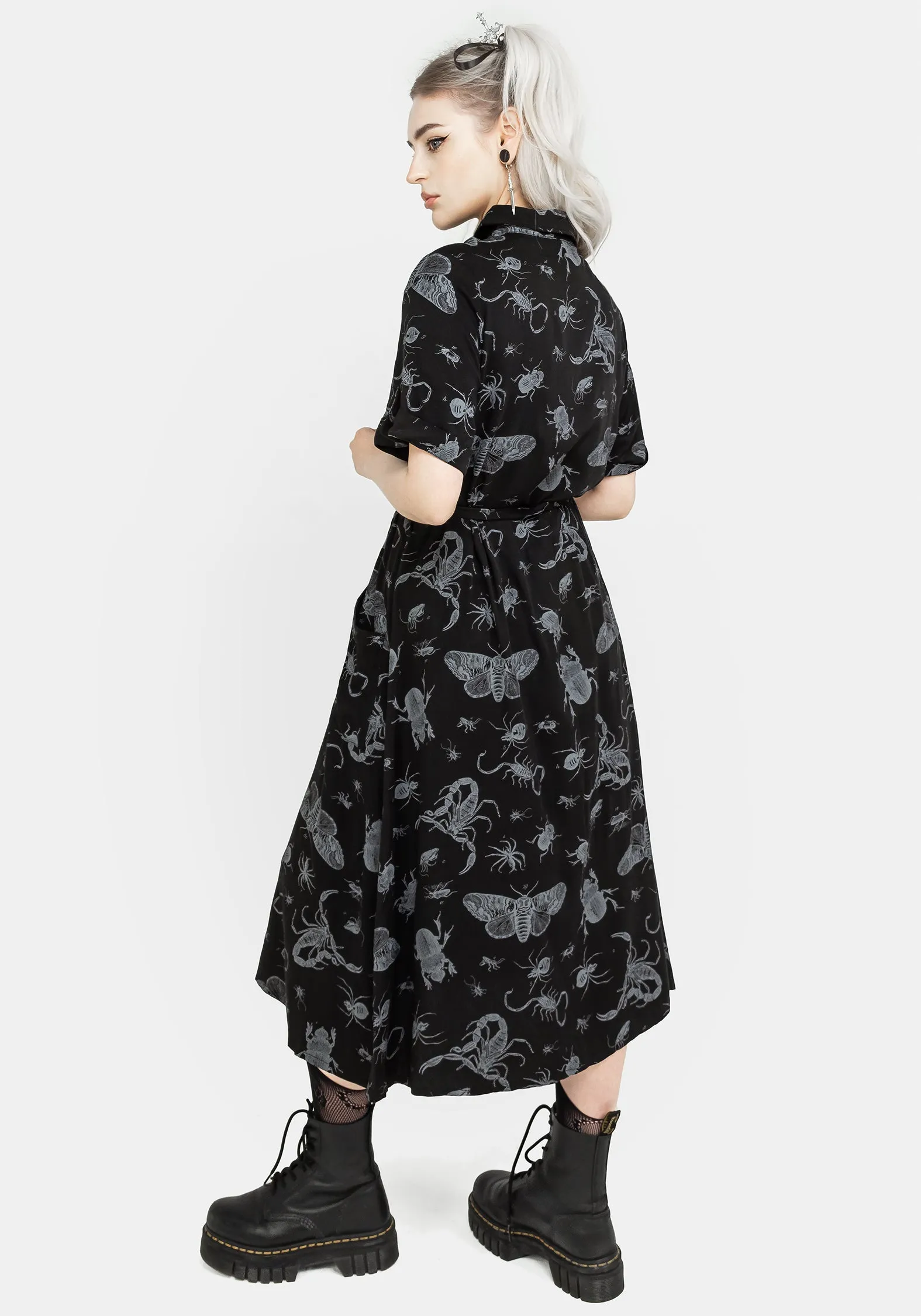 Parasite Bugs Short Sleeve Midi Shirt Dress - Black Cruise-Wear