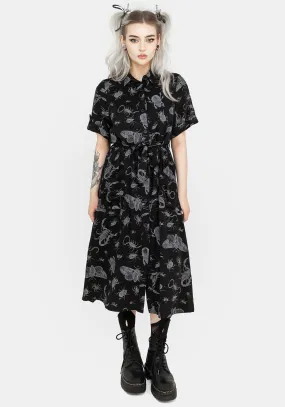 Quick Glam button detail Parasite Bugs Short Sleeve Midi Shirt Dress - Black