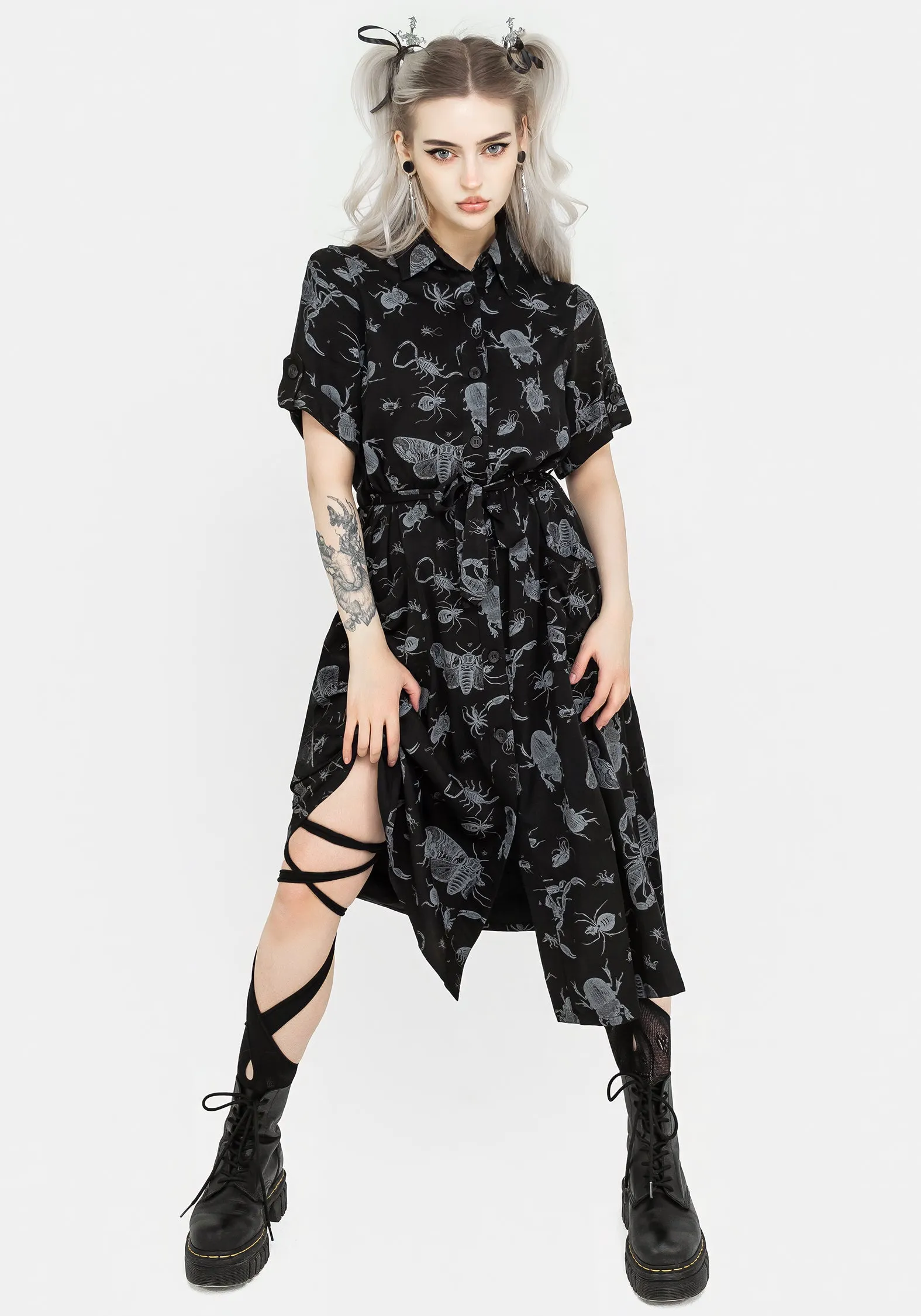 Parasite Bugs Short Sleeve Midi Shirt Dress - Black Indoor Event Chill Detail