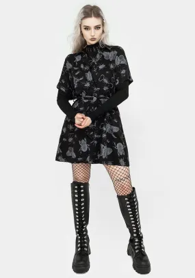Layering Fit garden wedding Parasite Bugs Short Sleeve Mini Shirt Dress - Black
