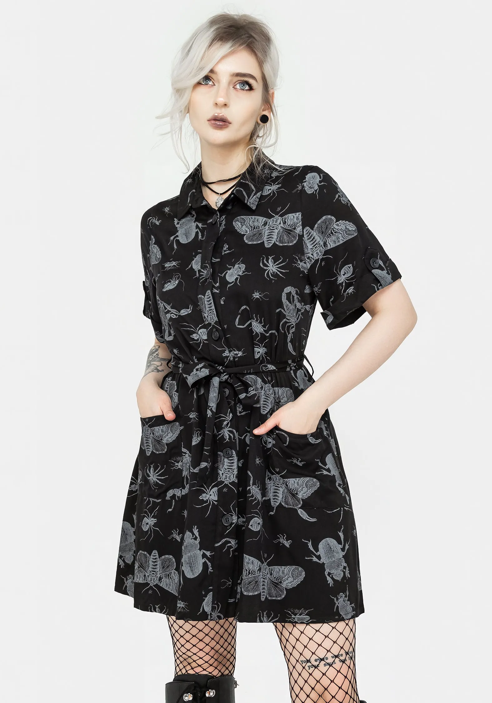 Parasite Bugs Short Sleeve Mini Shirt Dress - Black Easy Wrap