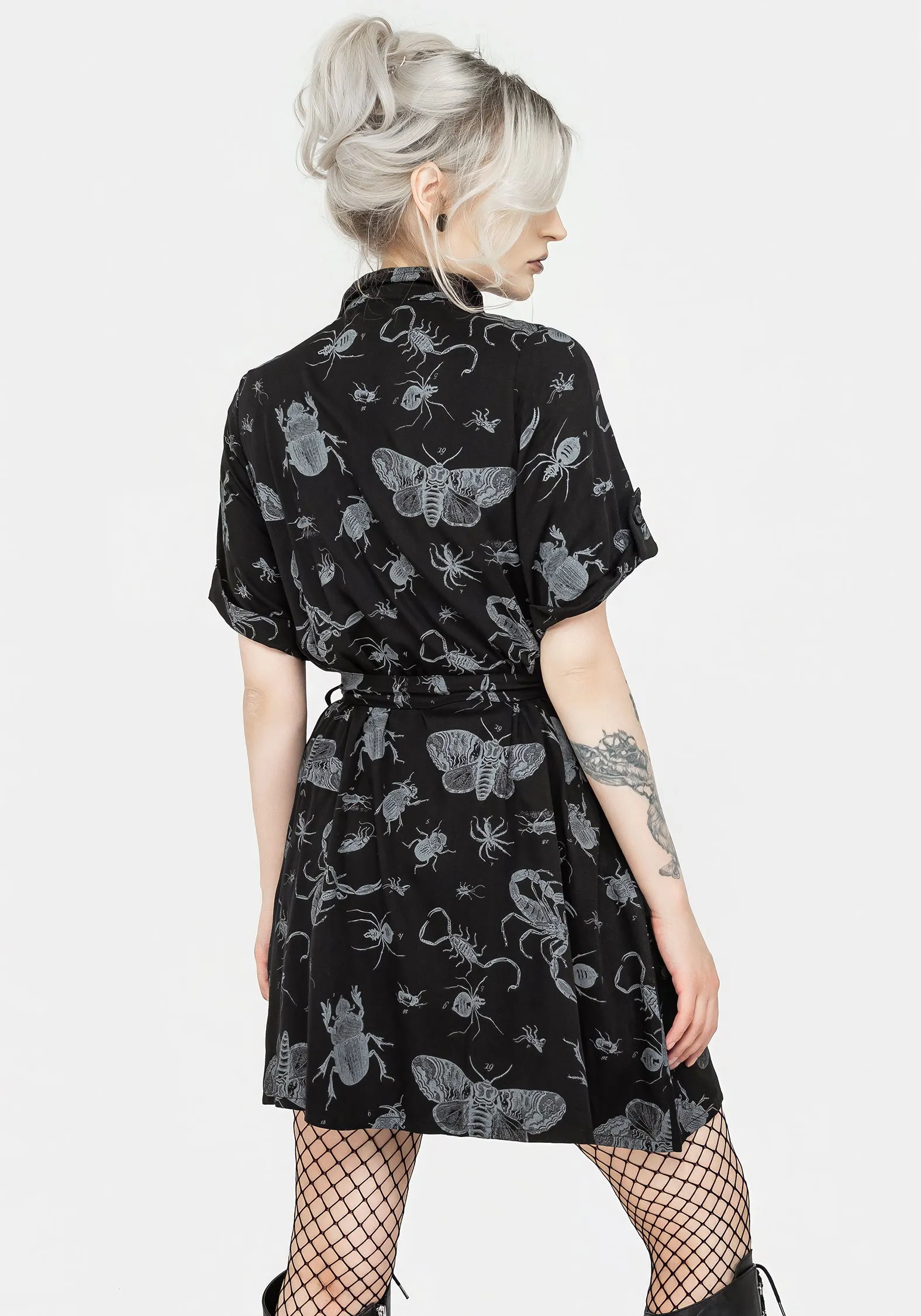 Parasite Bugs Short Sleeve Mini Shirt Dress - Black Artistic Detail Calm Beauty