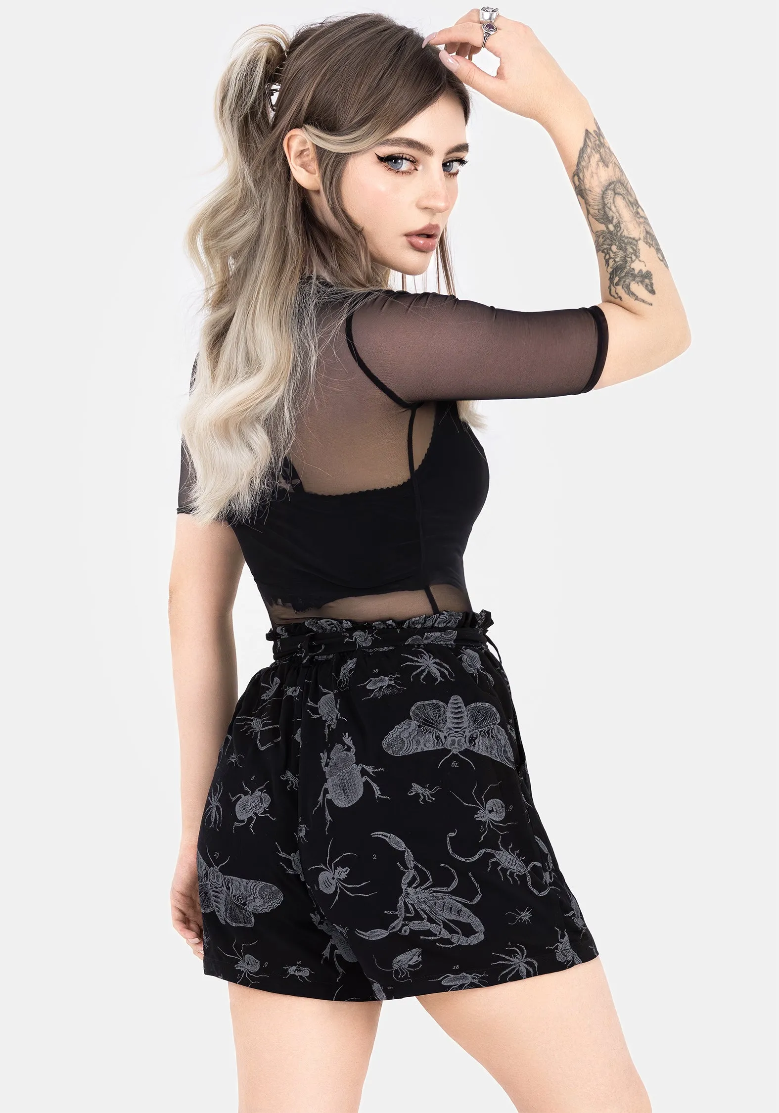 Parasite Bugs Tie Waist Paperbag Shorts - Black shrink-resistant Vented Hem Details