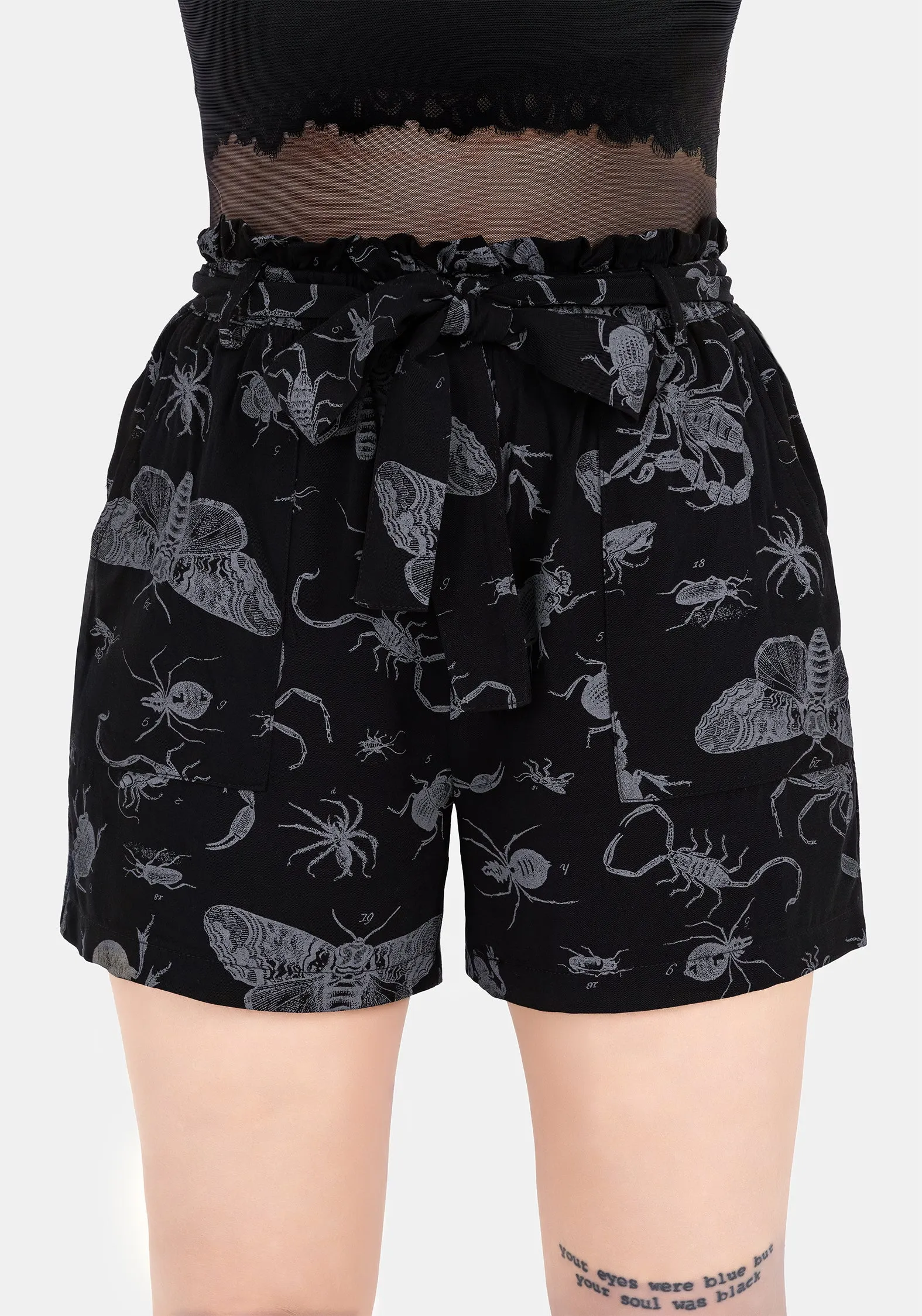 Parasite Bugs Tie Waist Paperbag Shorts - Black Water Resistant