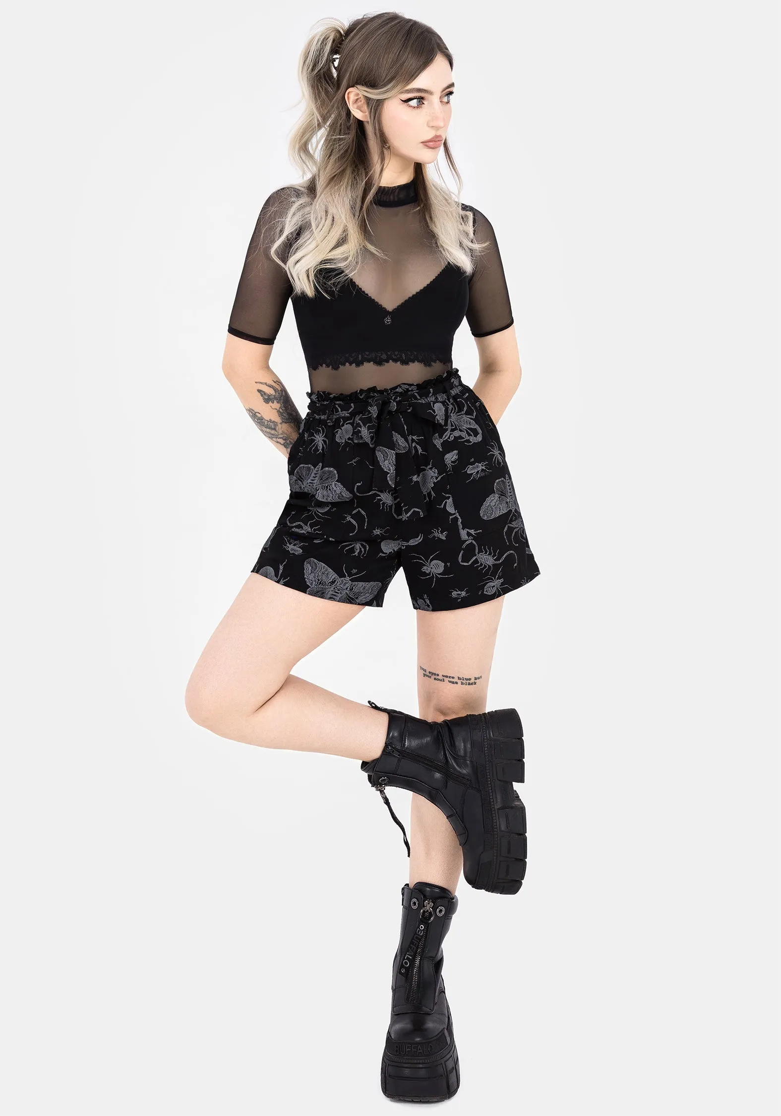 Lounge Wear camisole Parasite Bugs Tie Waist Paperbag Shorts - Black