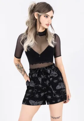 Beach Vibes Parasite Bugs Tie Waist Paperbag Shorts - Black