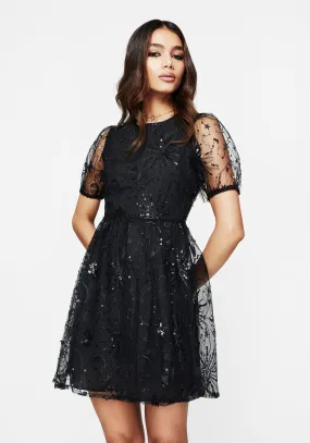 Sirius Sequined Puff Sleeve Mini Dress High Neck