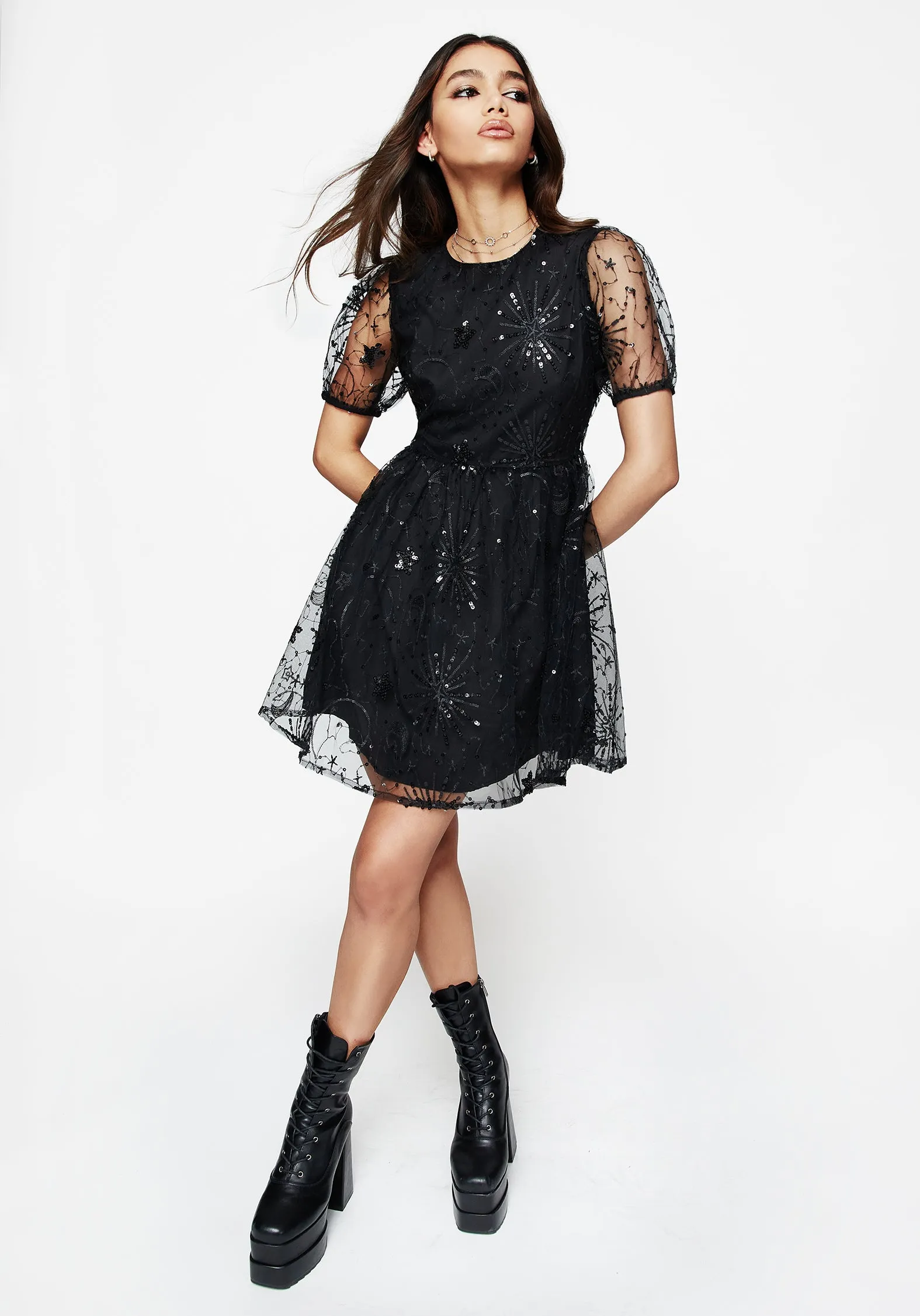 spring fashion Chic Comfort Look Sirius Sequined Puff Sleeve Mini Dress