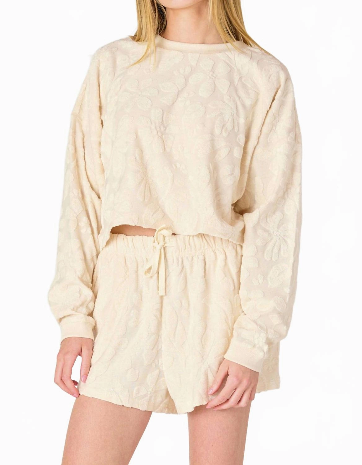 Patterned Lounge Top In Cream Modern Turtleneck Style Double Layered Collar
