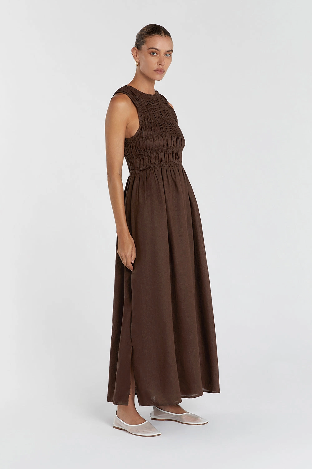 LESSI BITTER CHOC LINEN MAXI DRESS Evening-Wear