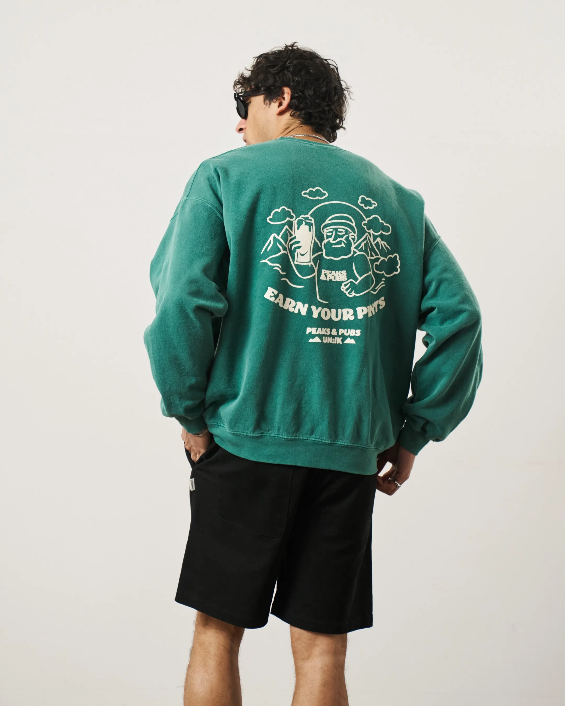 Peaks & Pubs 'Earn Your Pints' Vintage Washed Sweater - Green Cozy Choice Moisture wicking