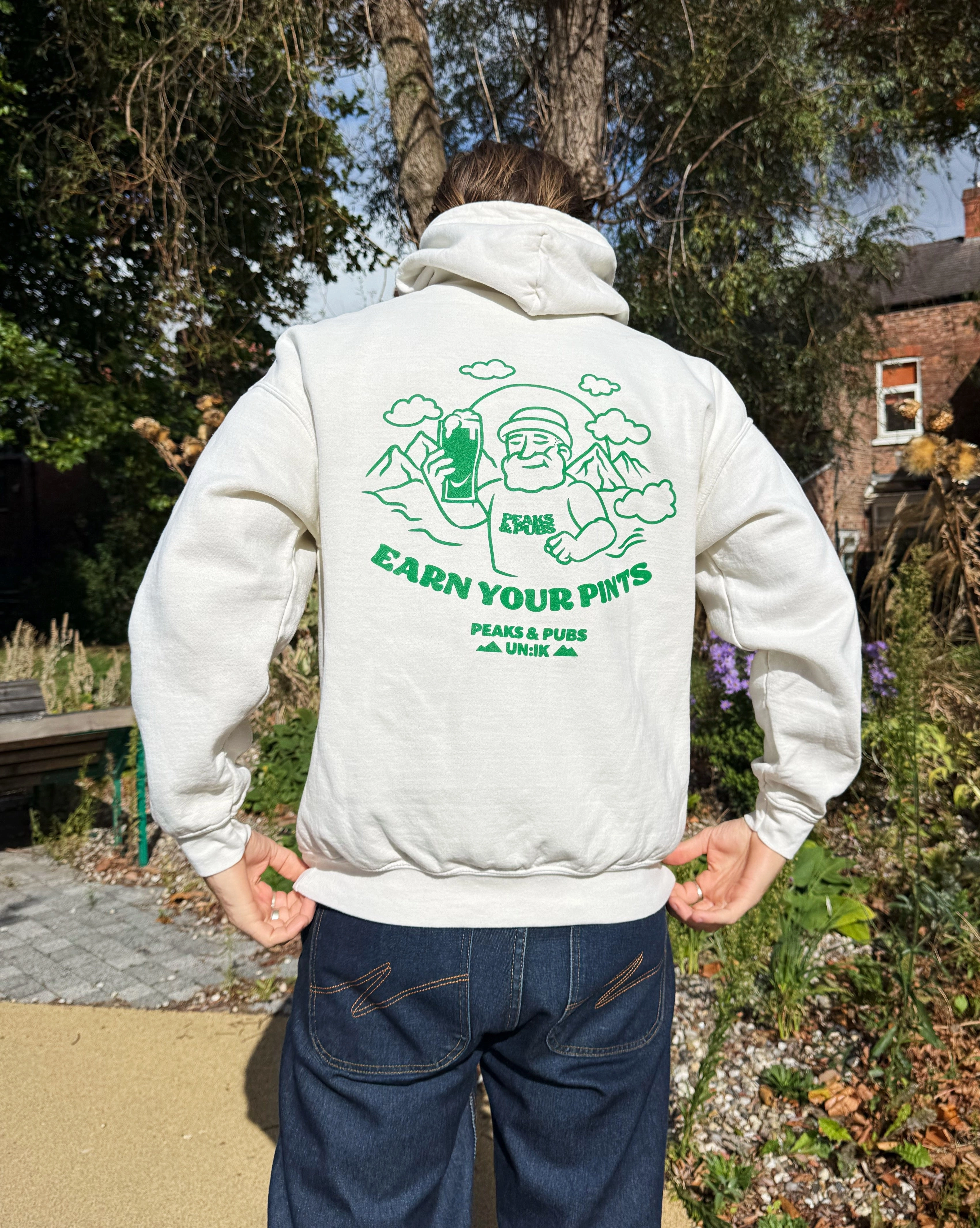 Peaks & Pubs 'Earn Your Pints' Washed Hoodie - Ecru Thermal Lining Fluffy look