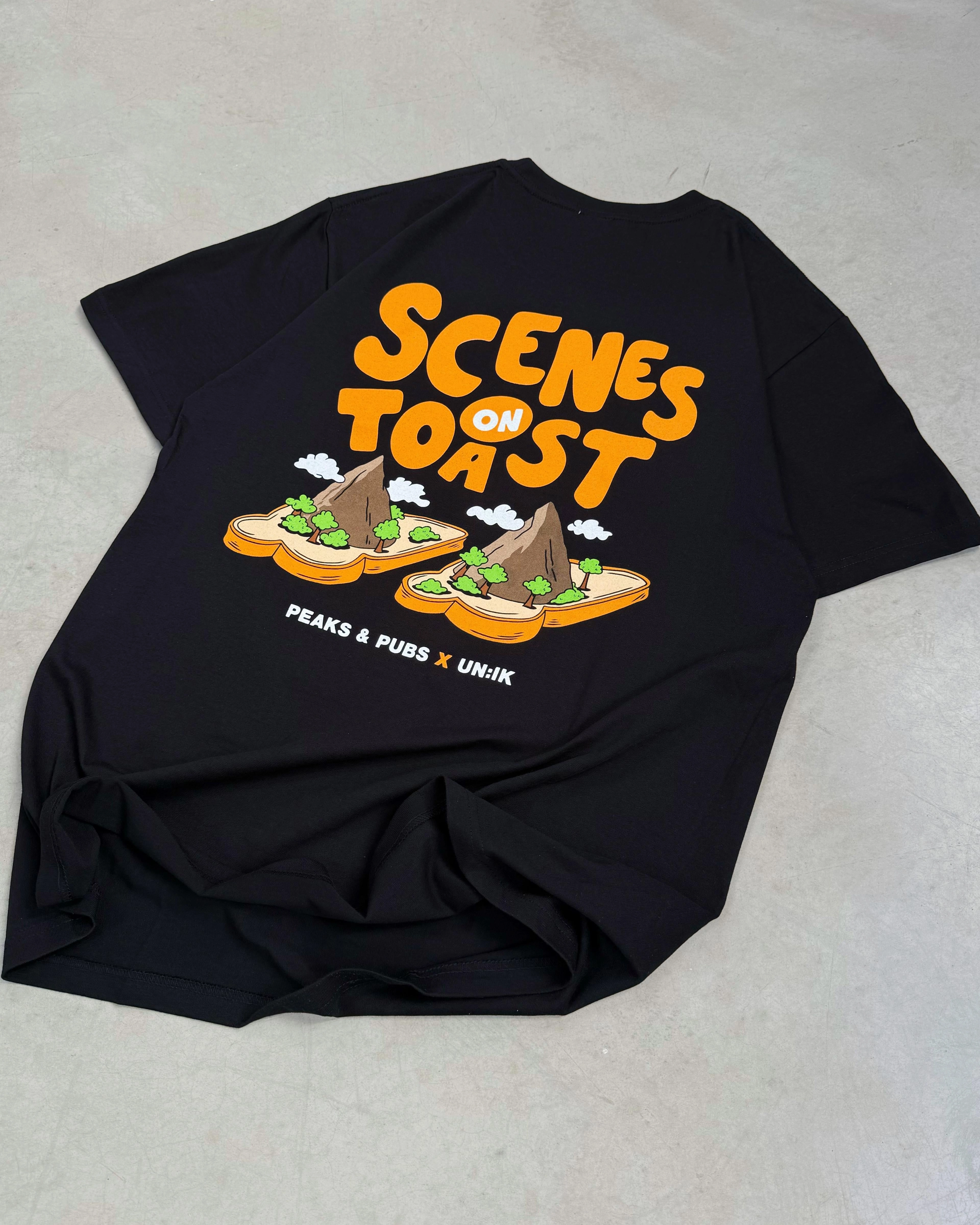 Anti Static Treatment BioBased Fibers Peaks & Pubs 'Scenes on Toast' Tee - Black