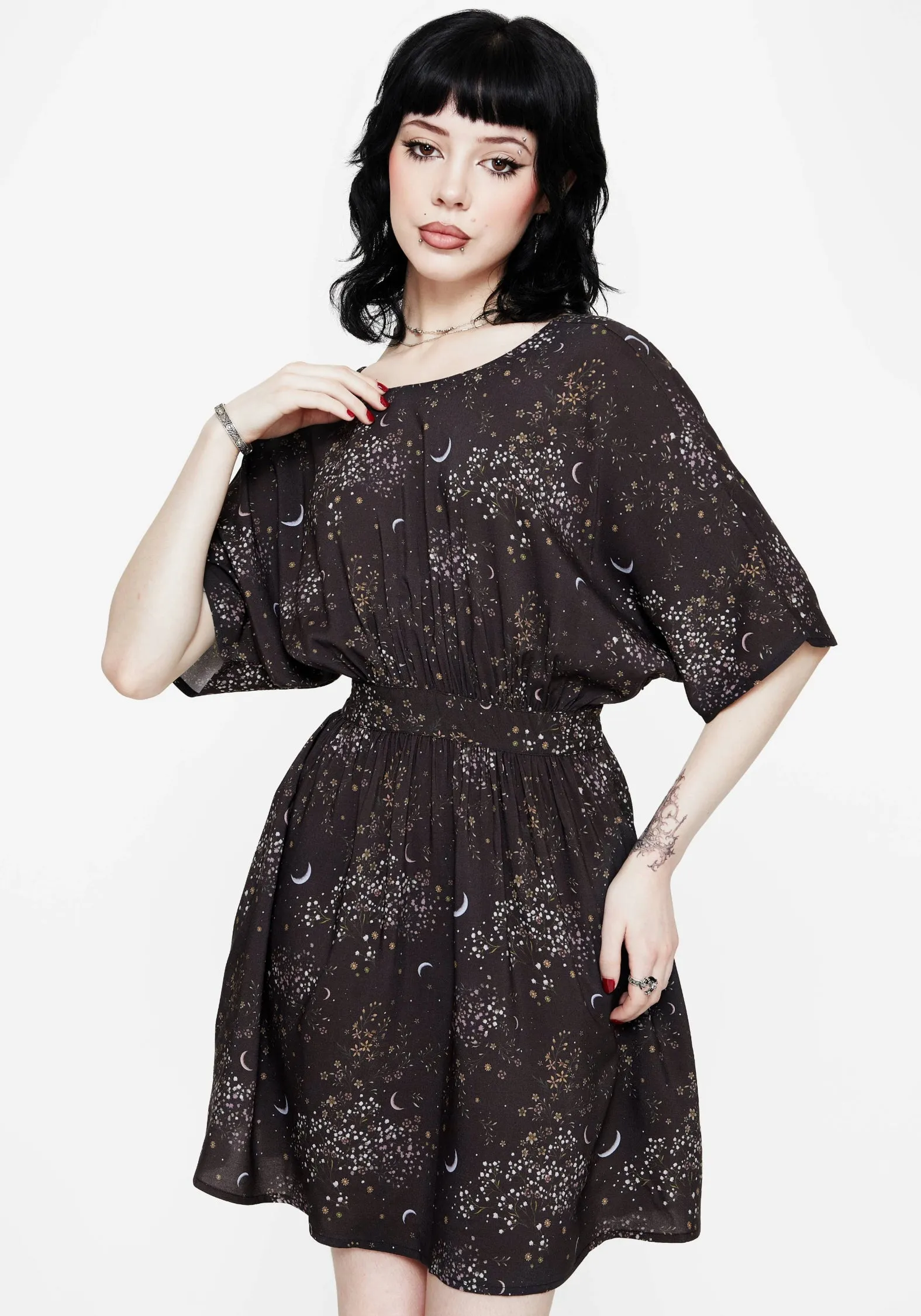 Lace Accent Sleeveless Peaseblossom Celestial Tie Back Mini Dress